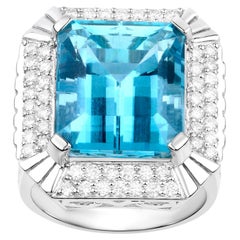 Important Aquamarine Ring Diamond Halo 14 Carats 14K Gold