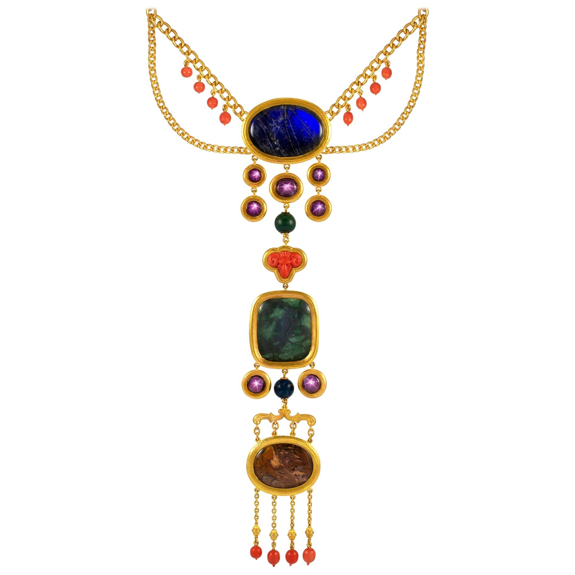 Important Archaeological Revival Gem-Set Gold Necklace