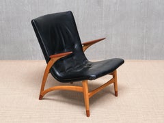 Wichtiger Arne Hovmand-Olsen Sessel in schwarzem Leder, Eiche, Teak, Dänemark, 1952