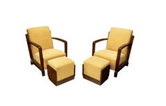 Important Art Deco Armchairs with Ottomans, Pair