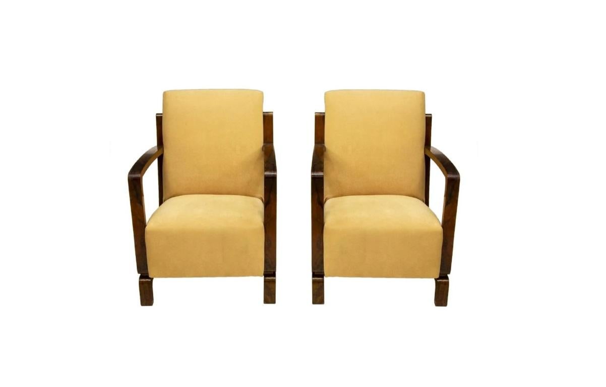 Upholstery Important Art Deco Armchairs with Ottomans, Pair For Sale