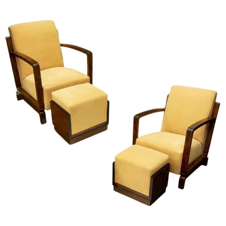 Important Art Deco Armchairs with Ottomans, Pair