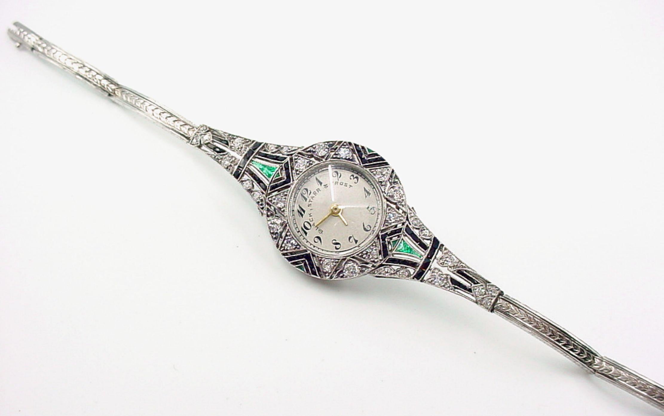 Mixed Cut Important Art Deco Black, Starr, and Frost Platinum Diamond Emerald Wristwatch For Sale