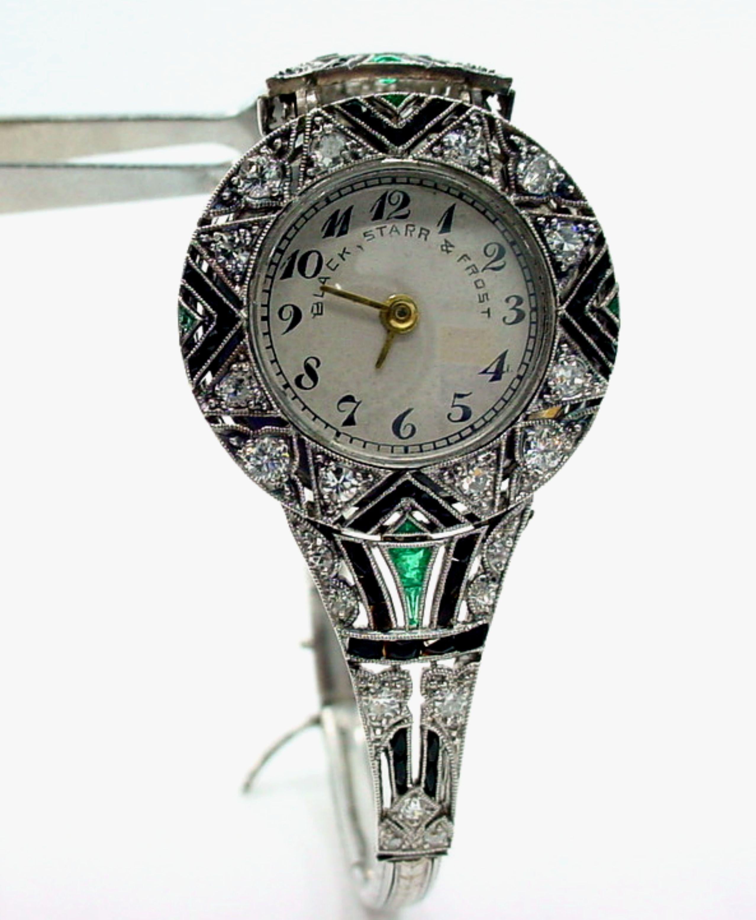 Important Art Deco Black, Starr, and Frost Platinum Diamond Emerald Wristwatch In Good Condition For Sale In Santa Rosa, CA