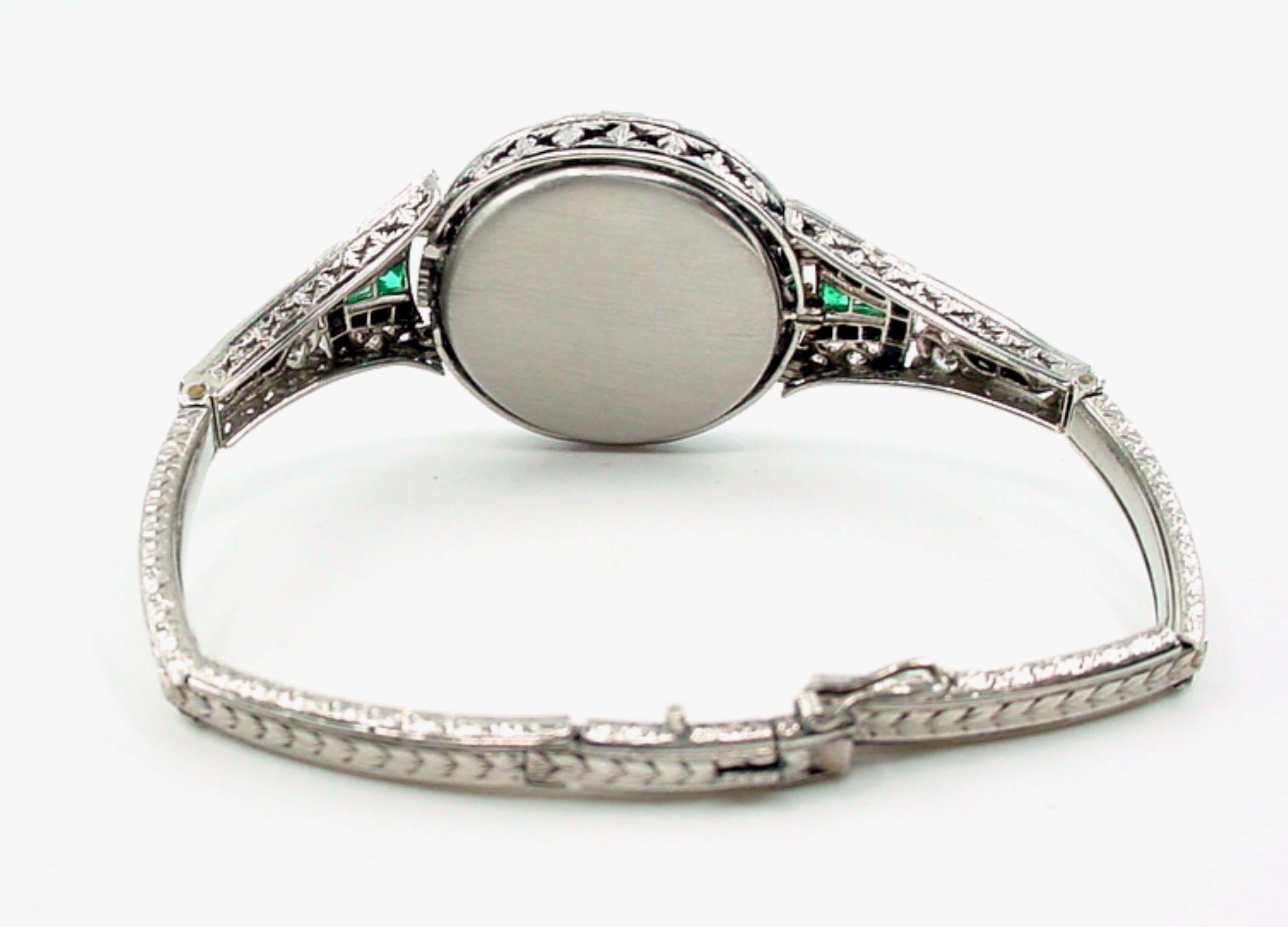 Important Art Deco Black, Starr, and Frost Platinum Diamond Emerald Wristwatch For Sale 1
