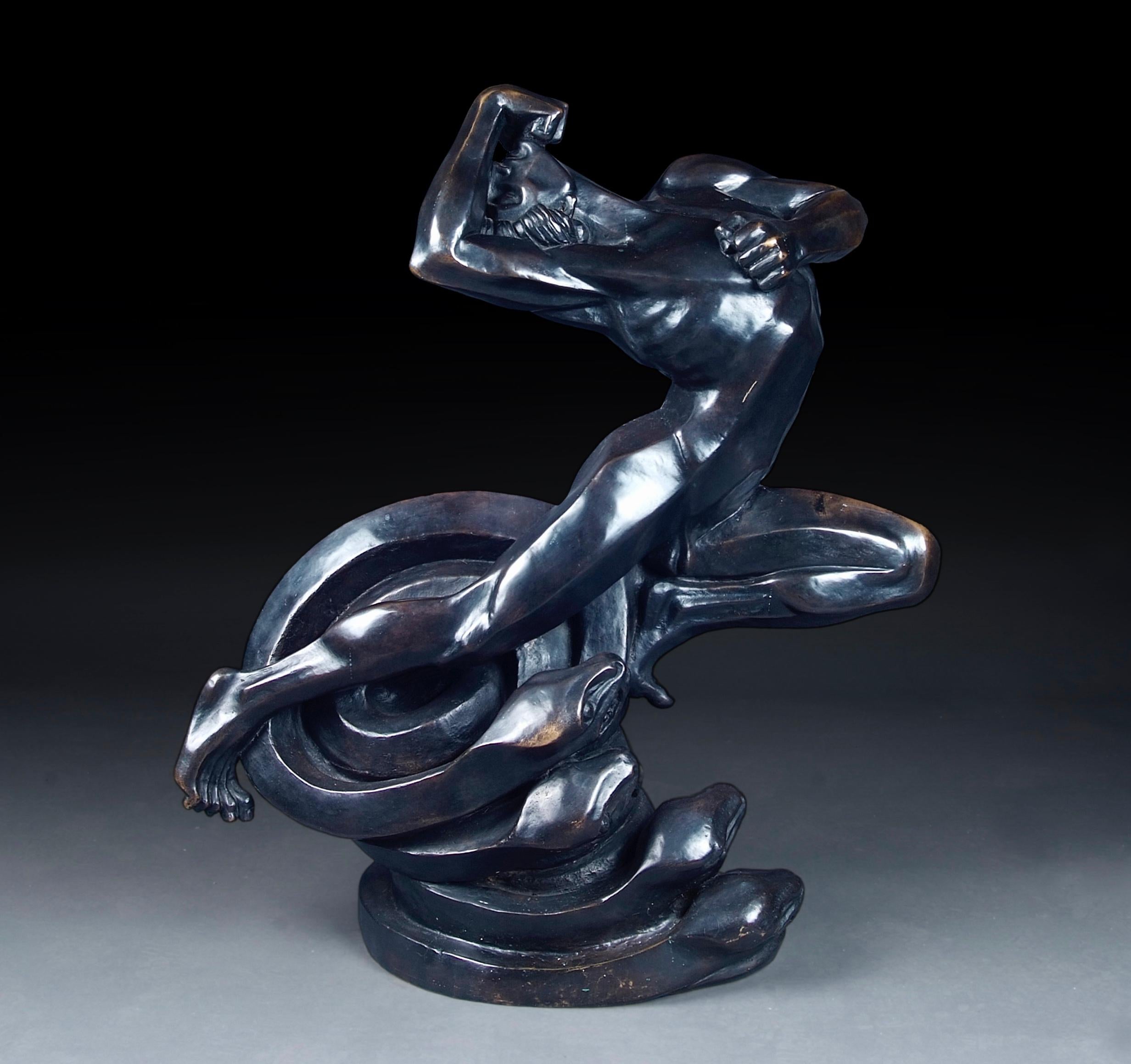 Boleslaw Biegas (1877-1954)-Figural bronze of a naked running athlete astride four coiled serpents, signed and dated 15 Novembre 1917, also stamped Blanchet Fondeur and numbered 2/8