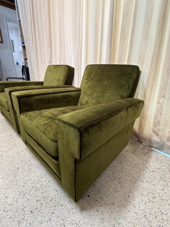 Important Art Deco Club Chairs in Green Mohair & Brass Sabots, Pair