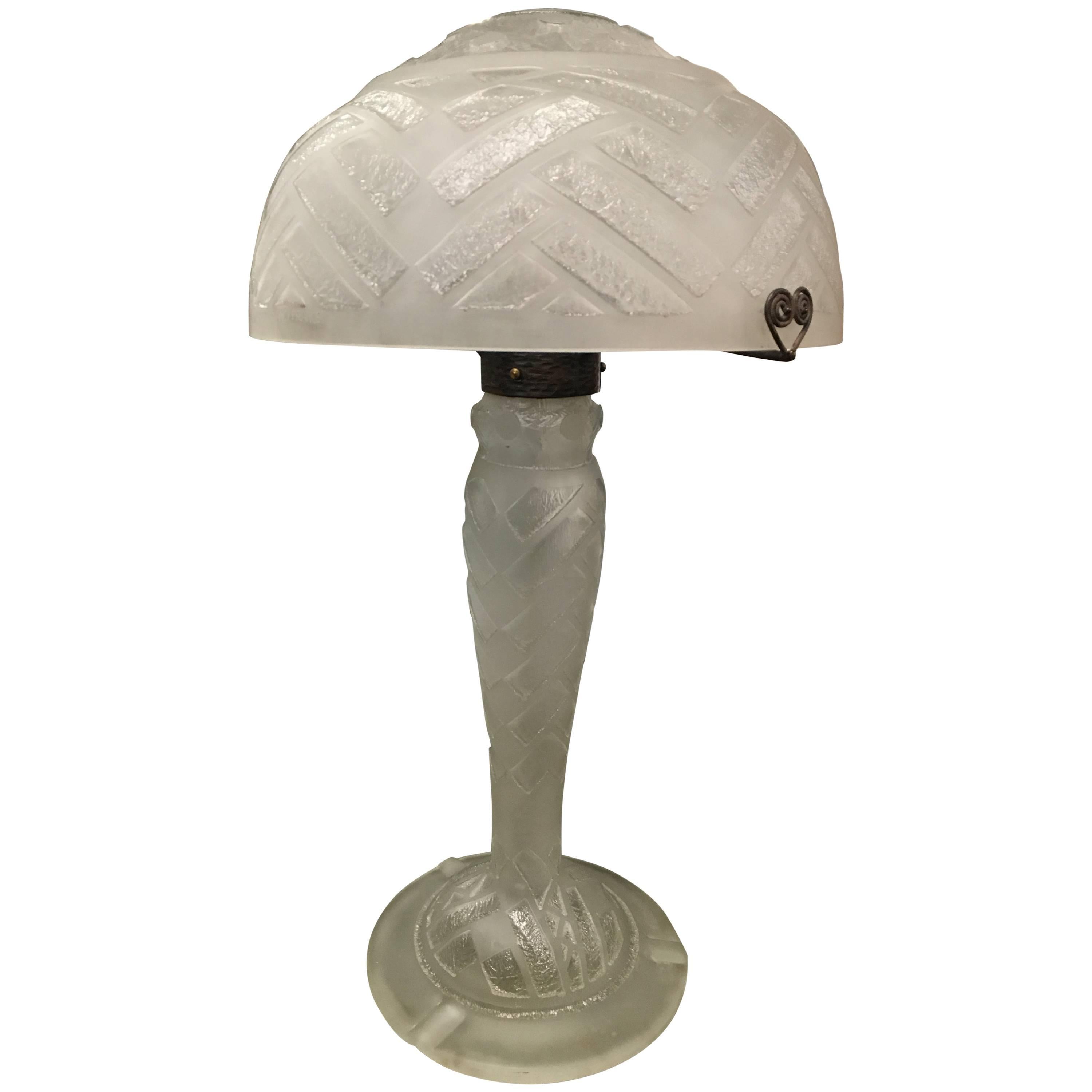 Important Art Deco Daum Frères 
Nancy, France
 Etched Glass 
Wrought Iron Lamp For Sale