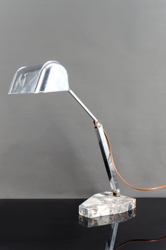 Important Art Deco Desk Lamp, Chrome, Aluminum and Marble, Modernist Design 1930