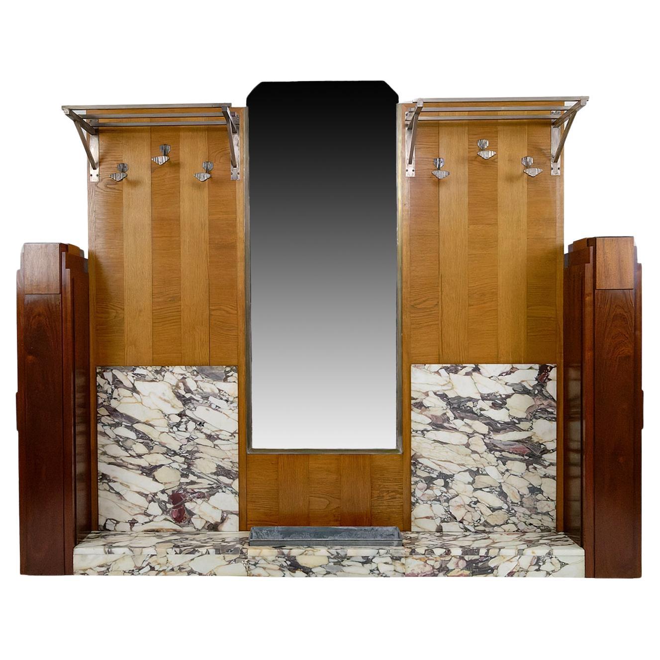 Important meuble d'entrée / porte-manteau Art Déco en chêne, marbre et acajou, années 1920