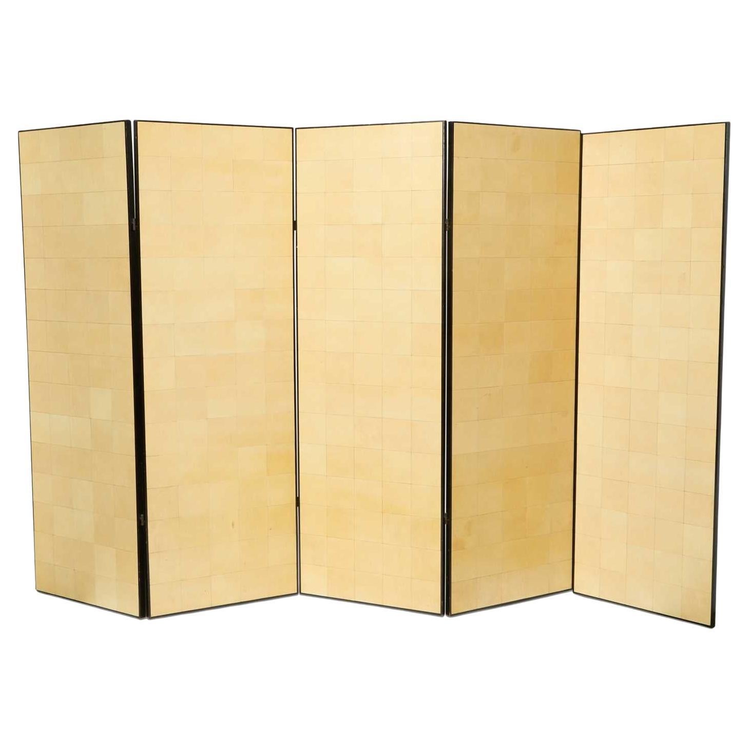 Important Art Deco Parchment and Ebonized Five-Panel Folding Screen
