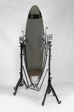 Important Art Deco psyche / cheval floor mirror in wrought iron, France, 1920's