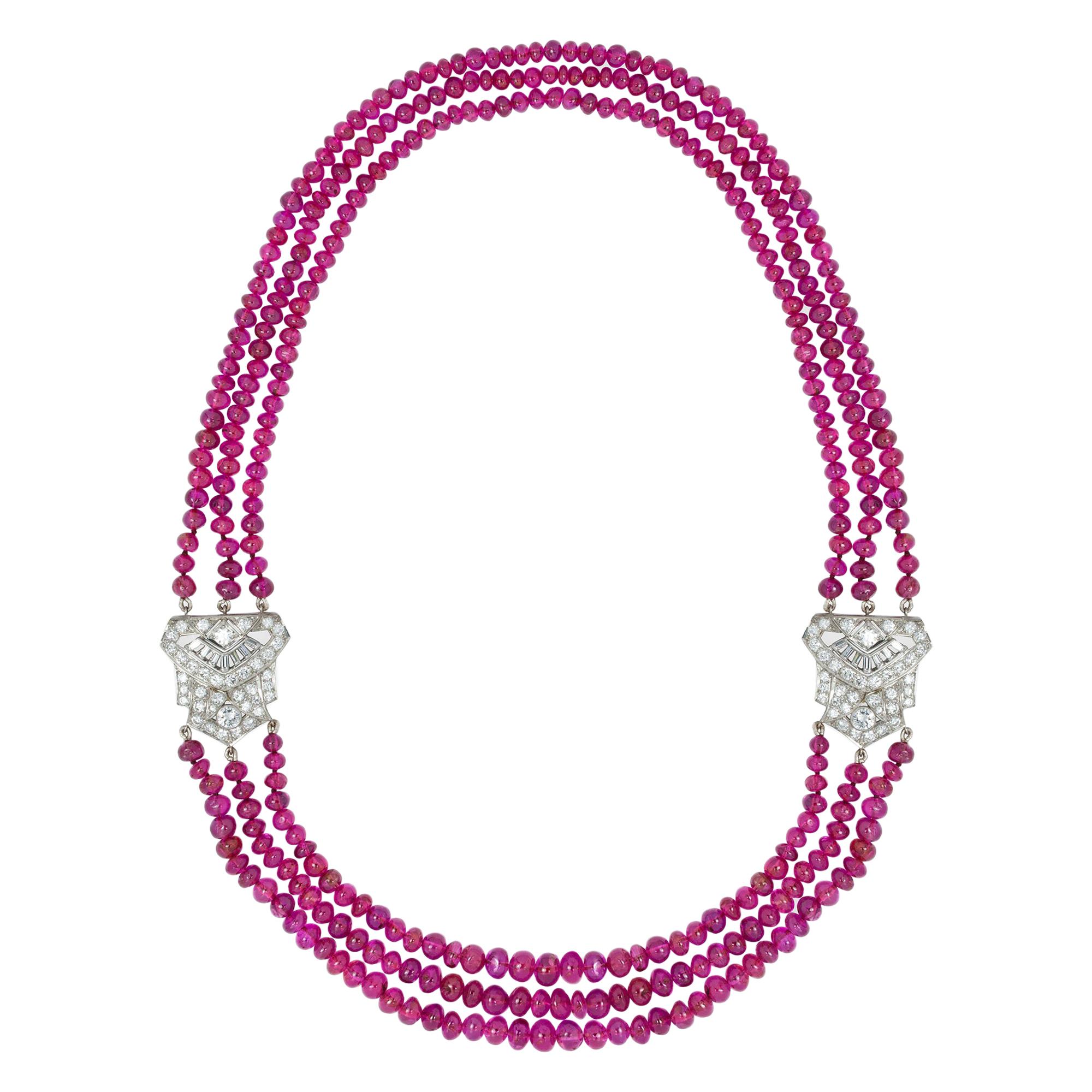 Important Art-Deco Ruby Bead Triple Strand Necklace