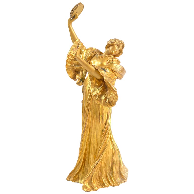 Important Art Nouveau Bronze Sculpture Tambourine Dancer by, Agathon Leonard For Sale