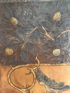 Important Art Nouveau three panel tooled leather screen by Georg Hulbe. 1900