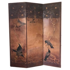 Important Art Nouveau three panel tooled leather screen by Georg Hulbe. 1900
