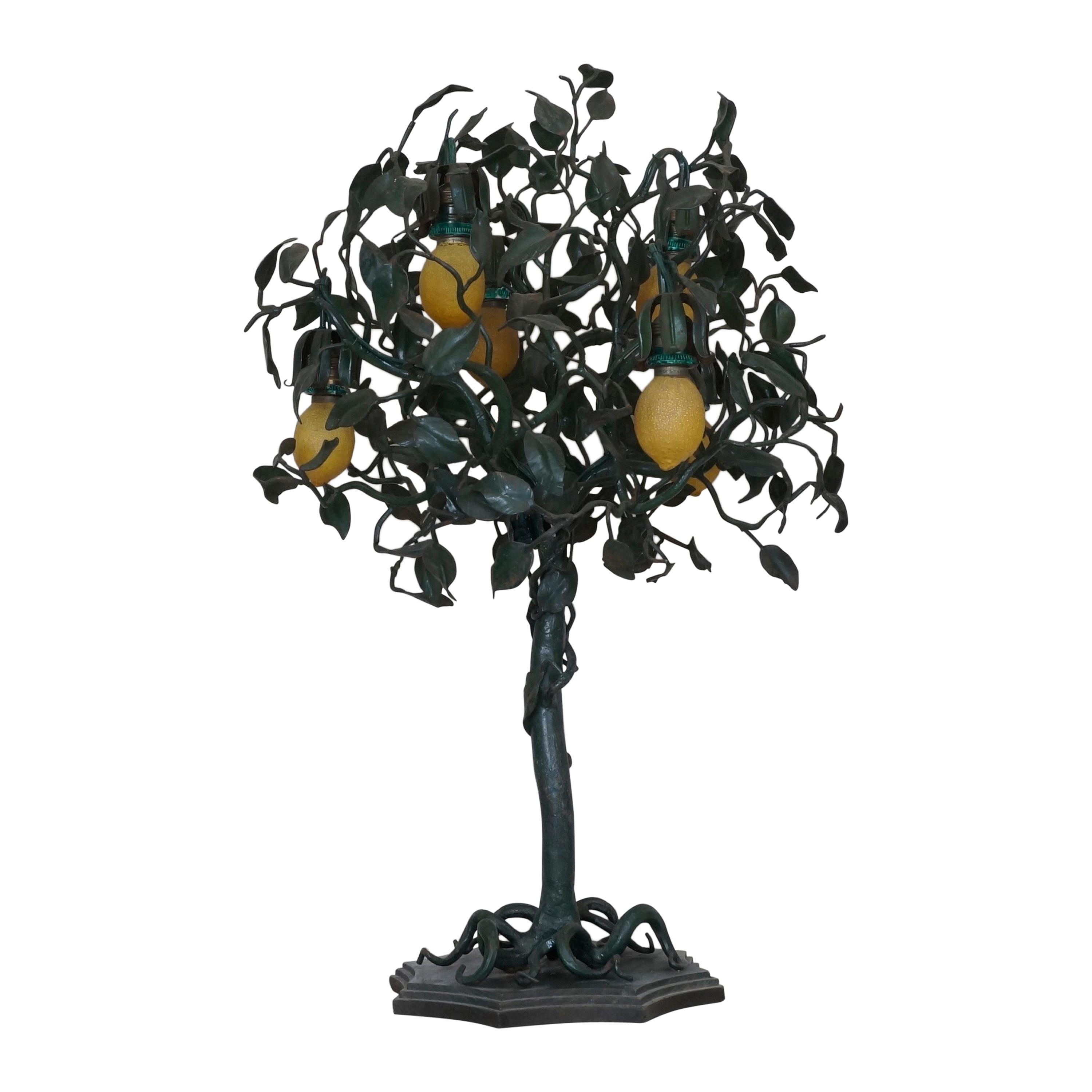 Important Art Nouveau Wrought Iron Lemon Tree Table Lamp For Sale