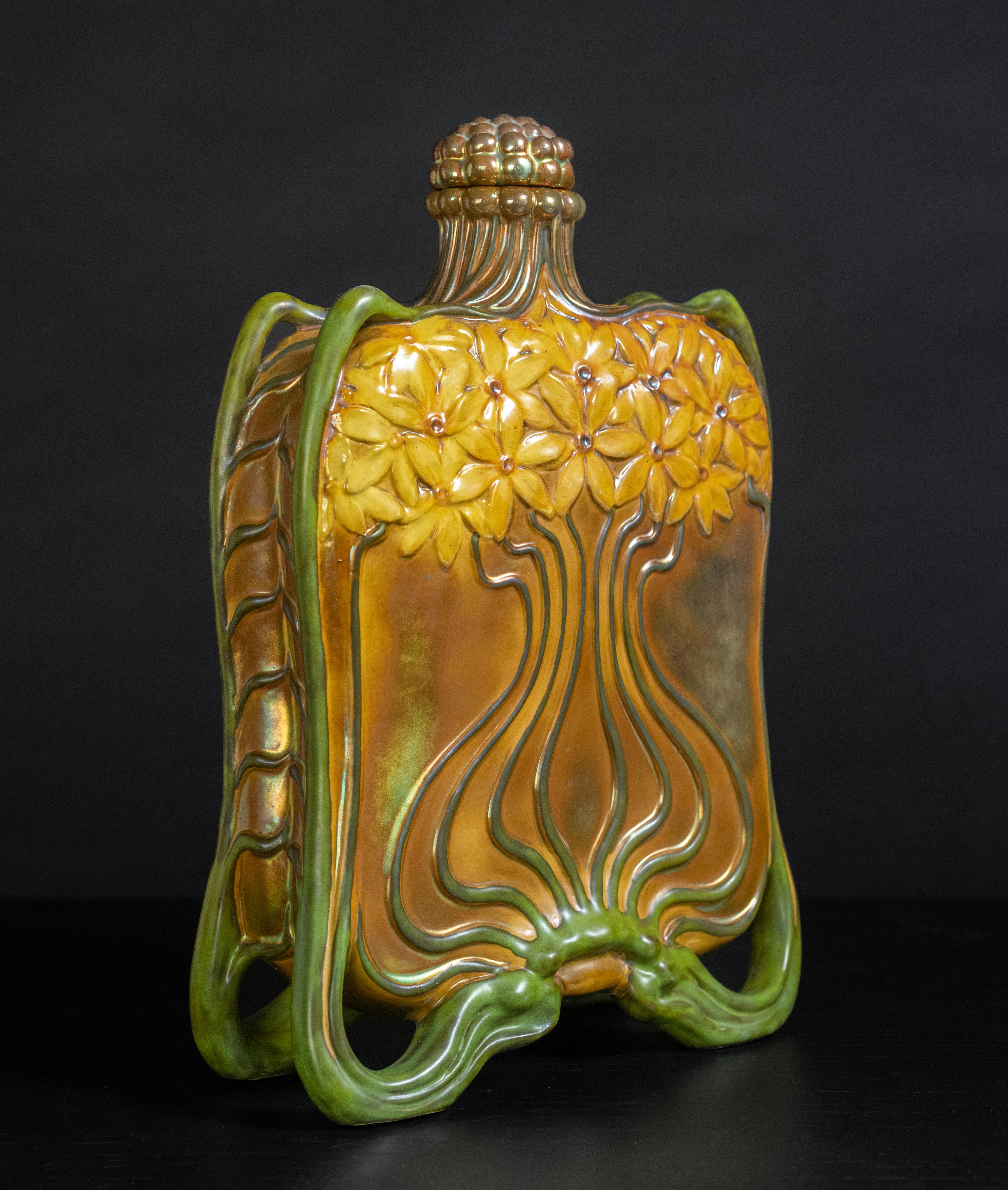 Hungarian Important Art Nouveau Zsolnay Flask by Lajos Mack for Zsolnay For Sale