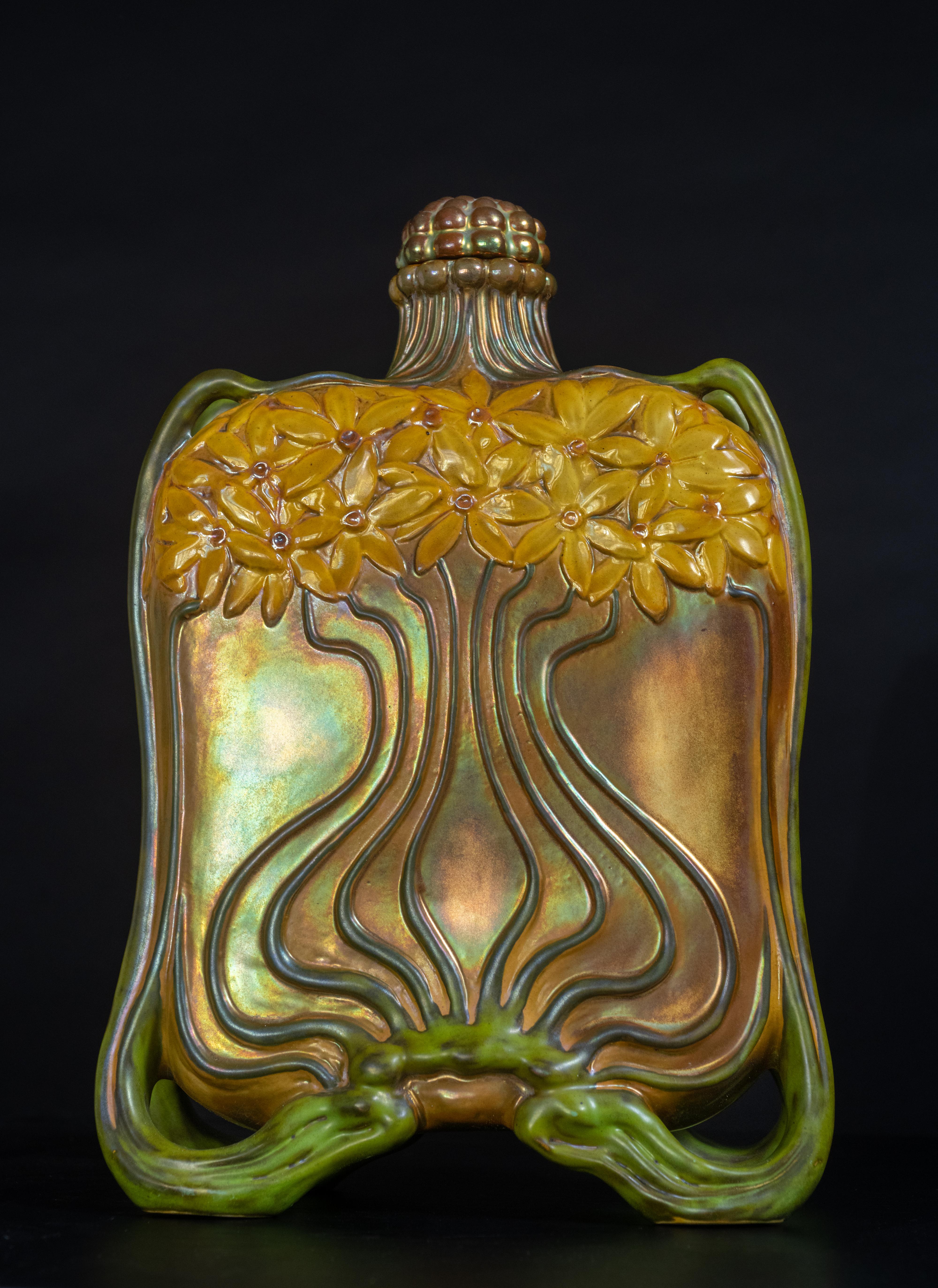 Glazed Important Art Nouveau Zsolnay Flask by Lajos Mack for Zsolnay For Sale