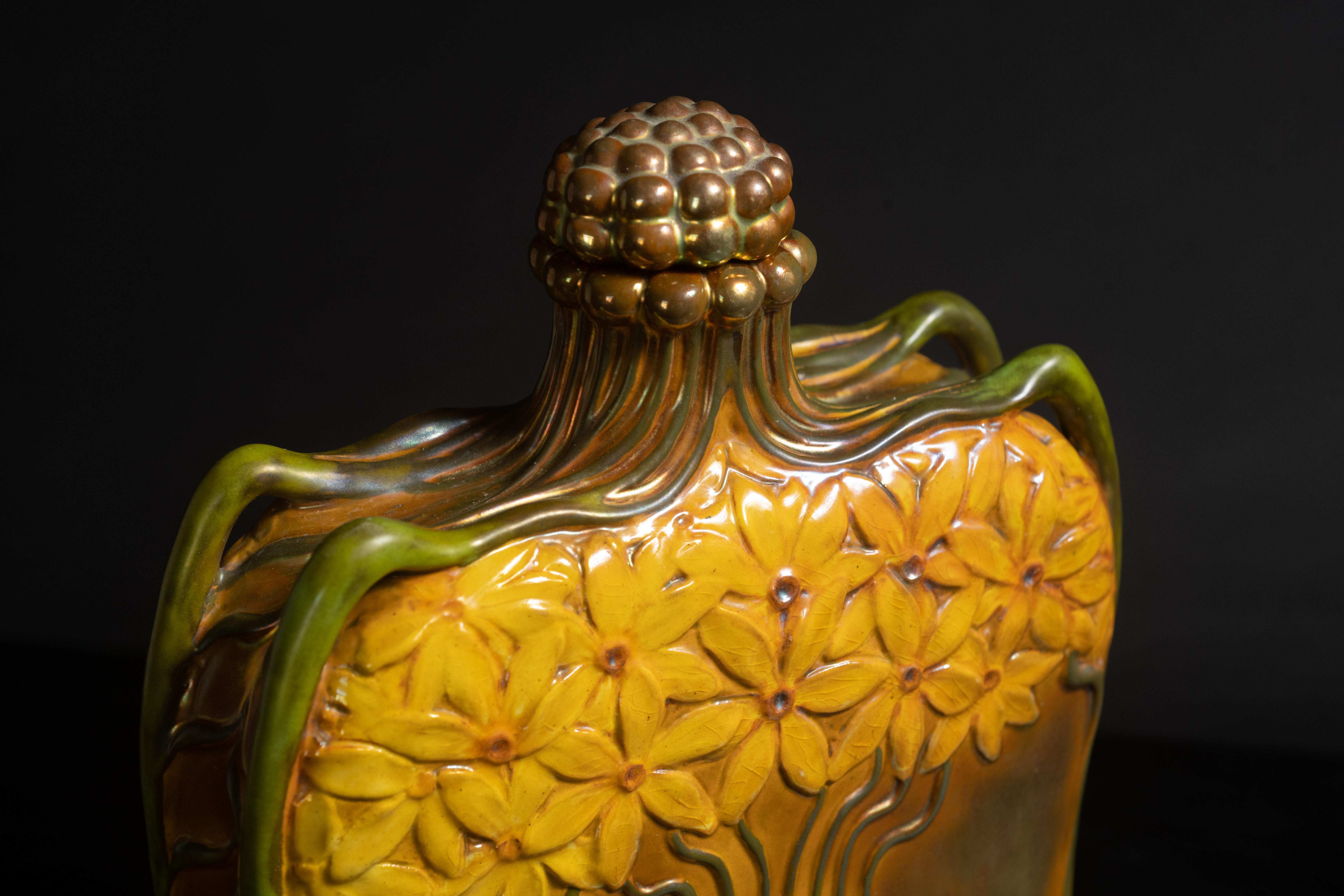 Late 19th Century Important Art Nouveau Zsolnay Flask by Lajos Mack for Zsolnay For Sale