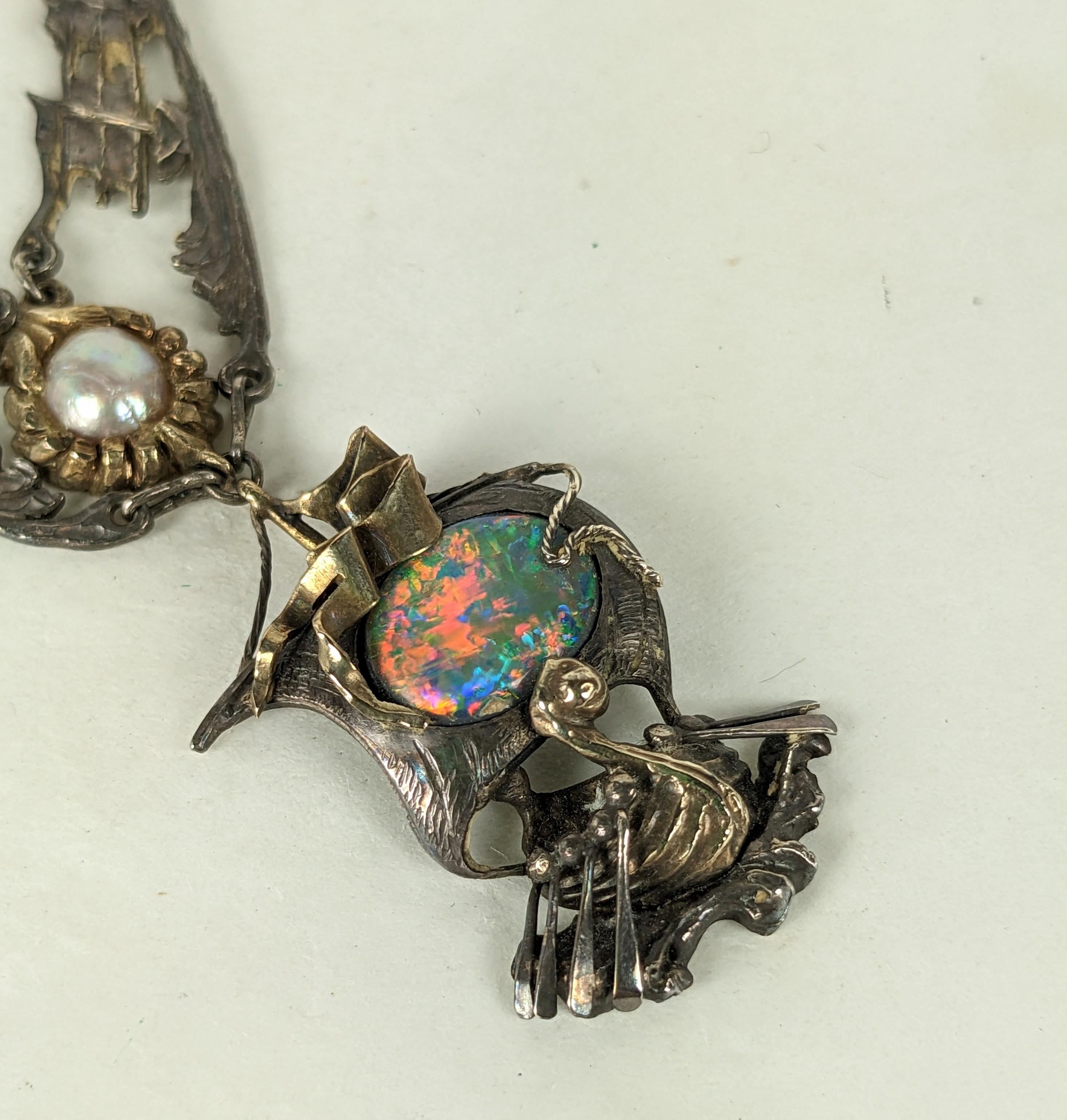 Important Arts and Crafts Black Opal Galleon Necklace For Sale 5