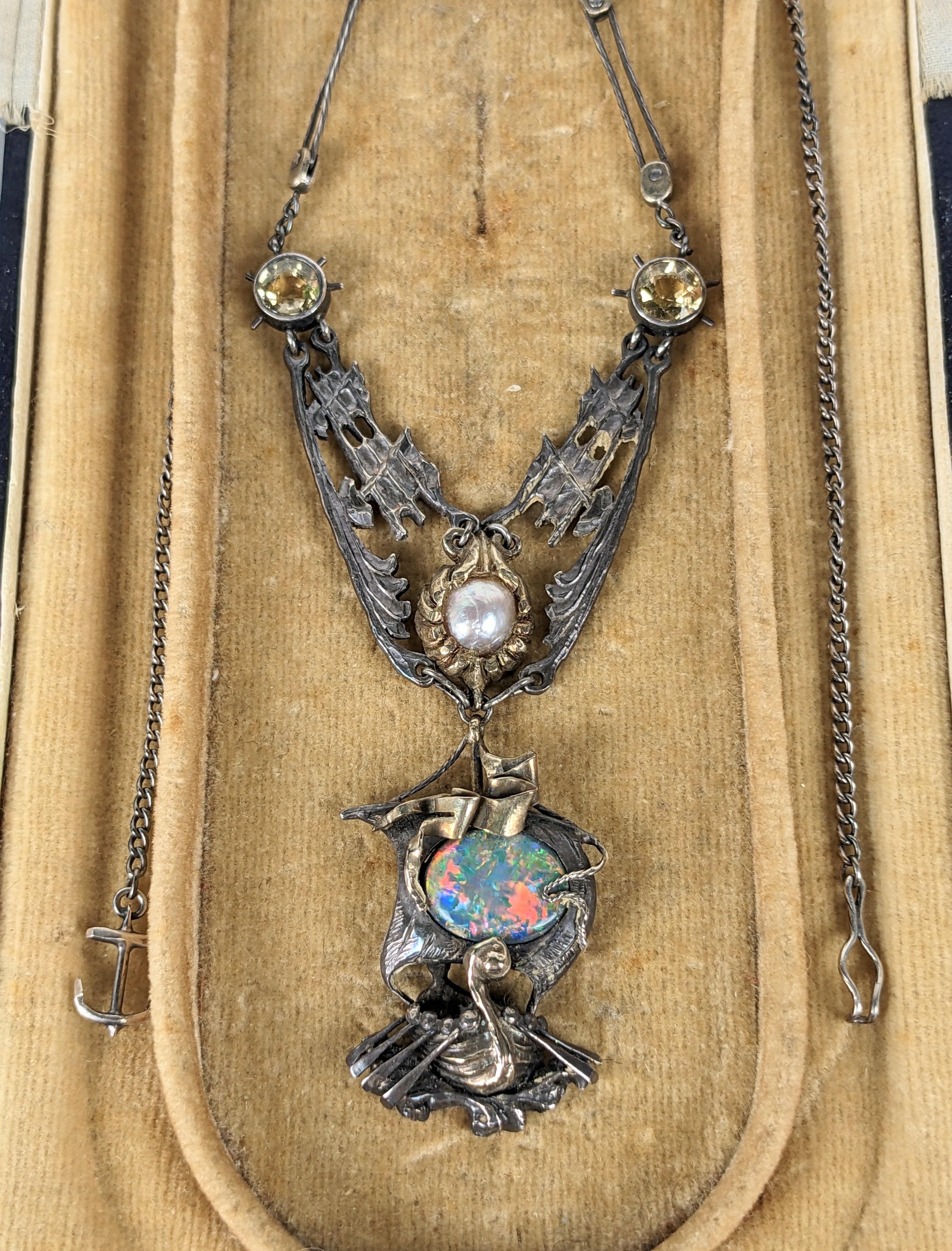 Important Arts and Crafts Black Opal Galleon Necklace For Sale 10