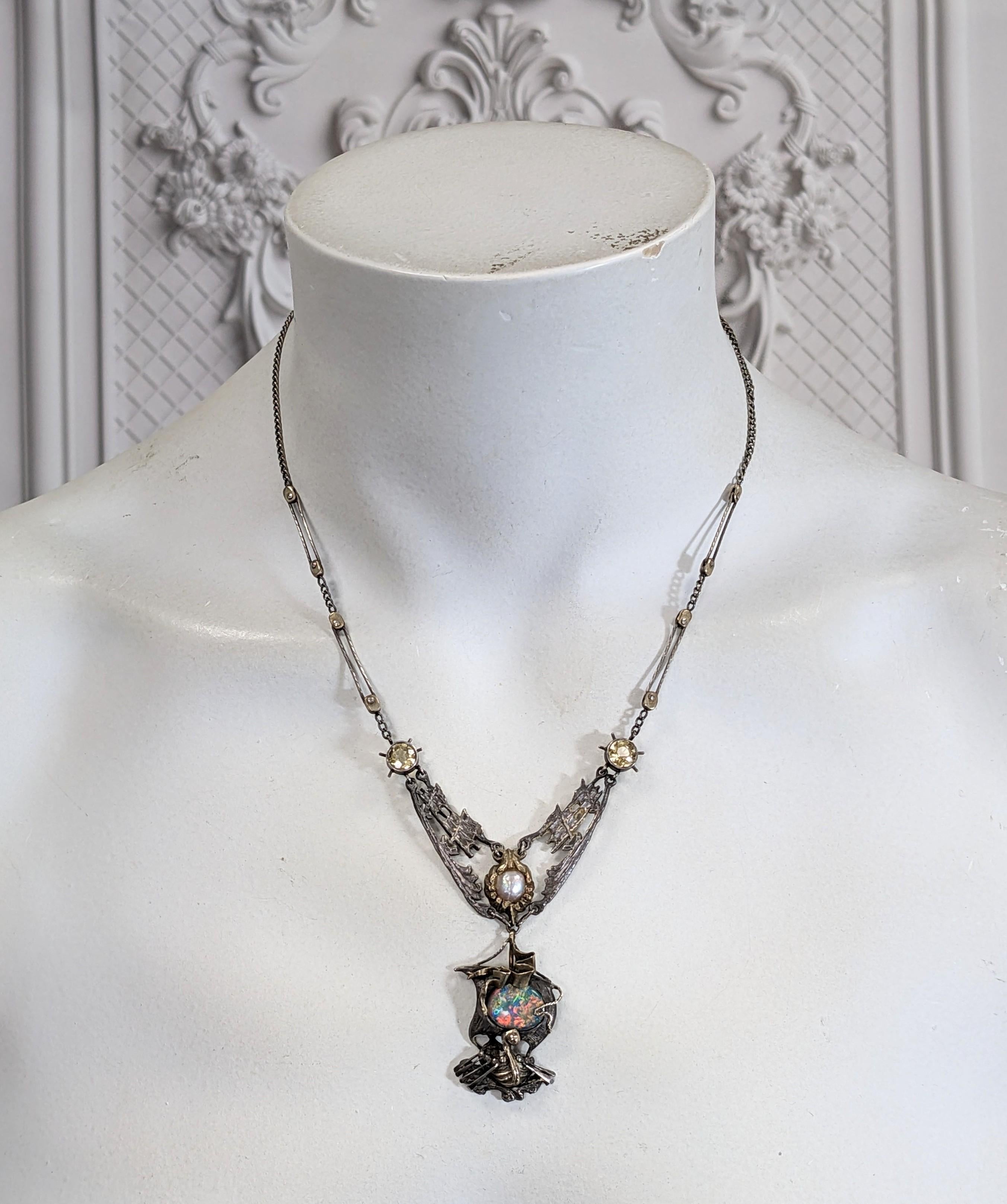 Important Arts and Crafts Black Opal Galleon Necklace For Sale 11