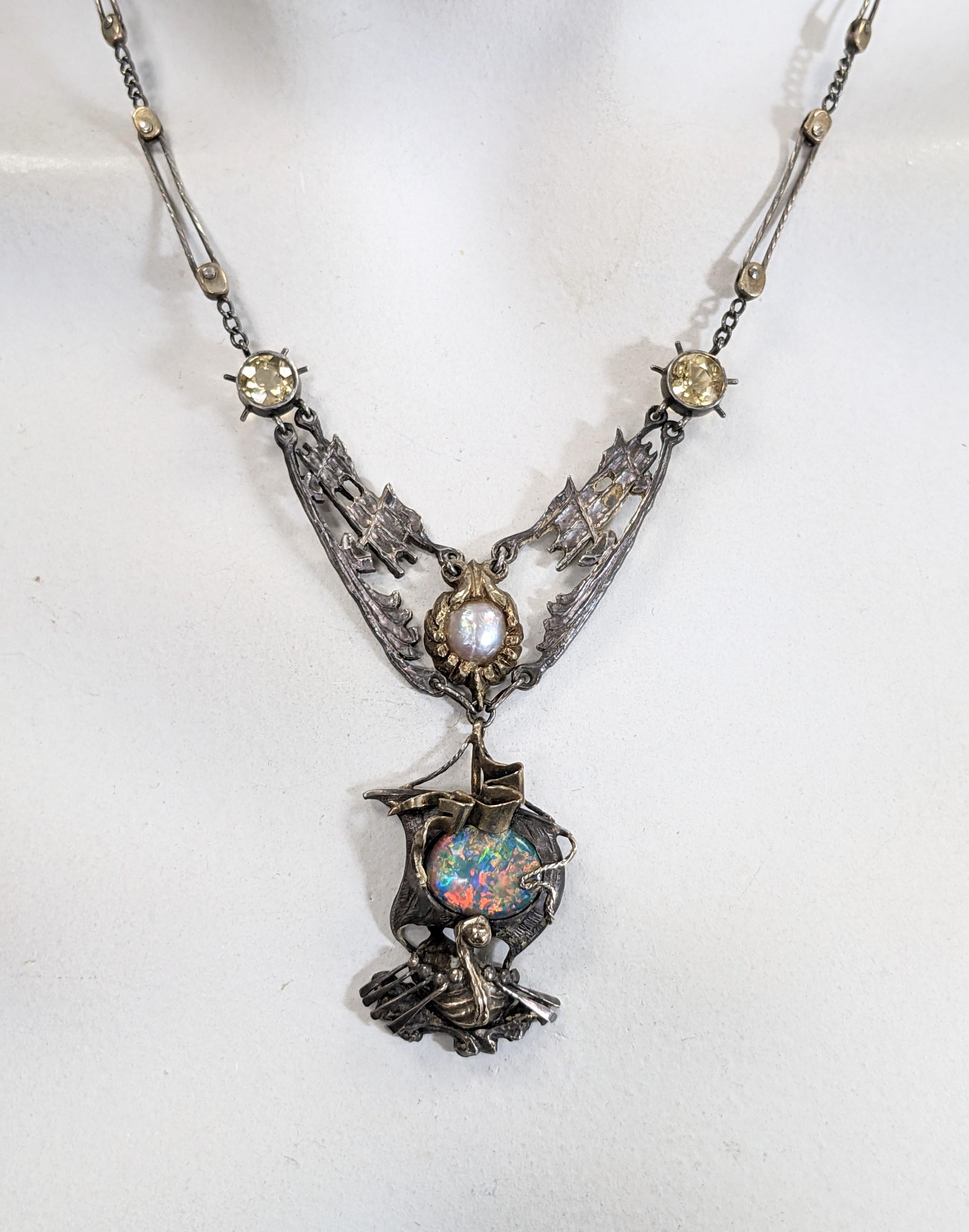 Important Arts and Crafts Black Opal Galleon Necklace For Sale 13