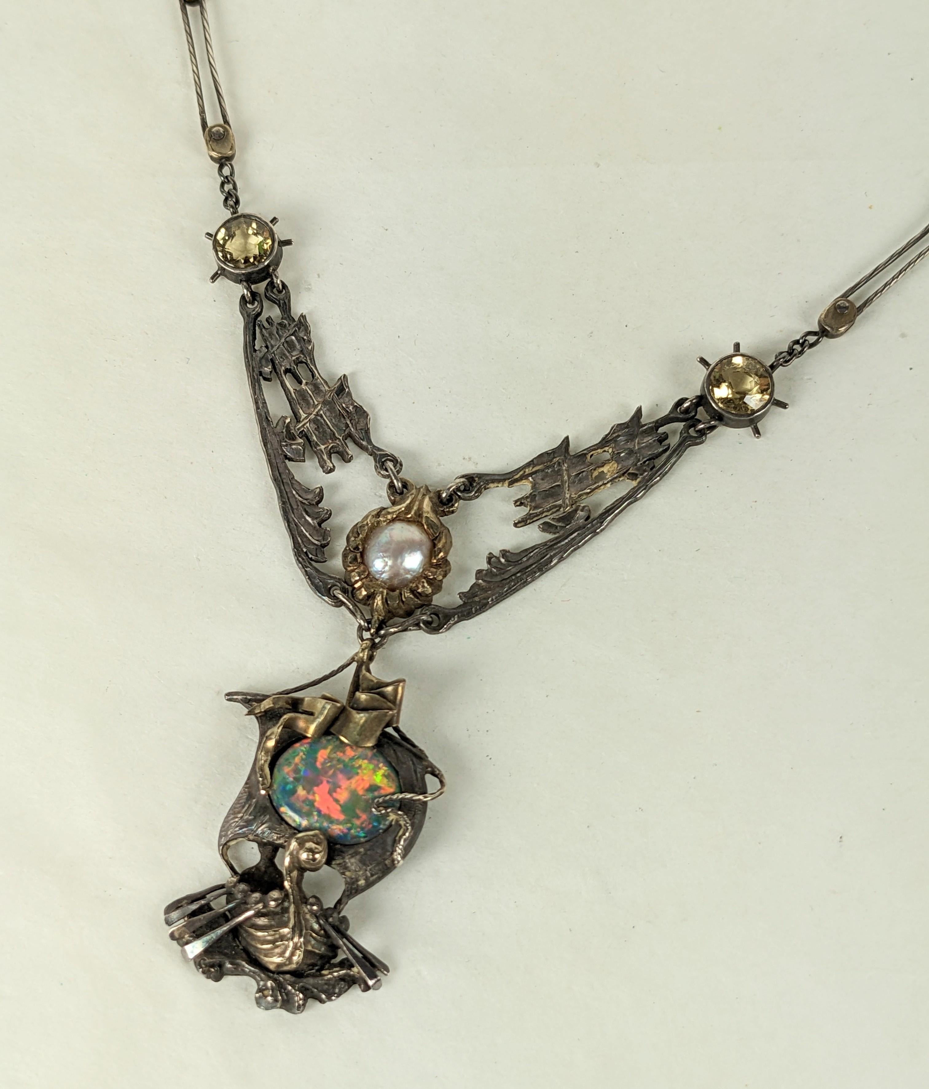 Important Arts and Crafts Black Opal Galleon Necklace In Good Condition For Sale In Riverdale, NY
