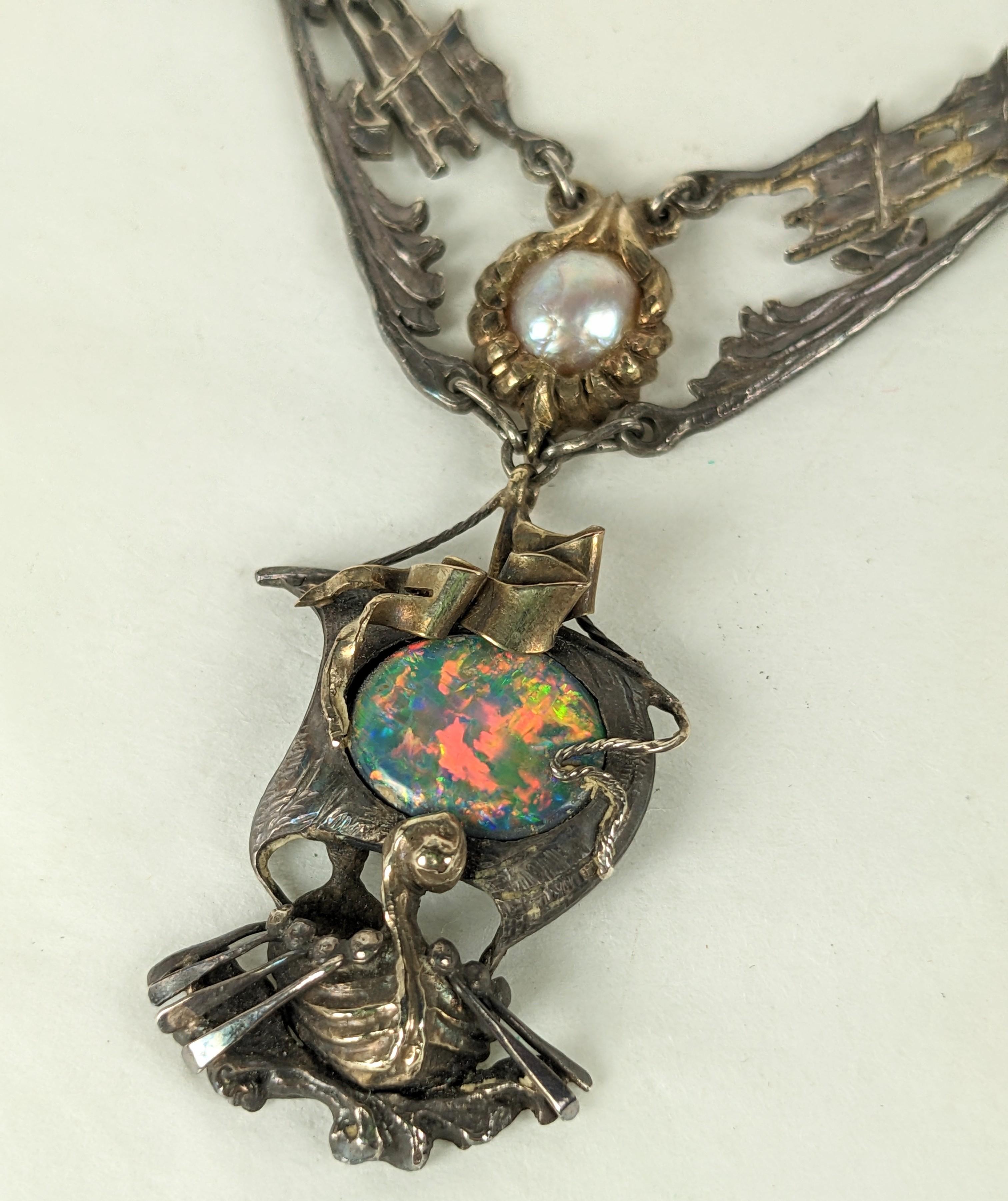 Important Arts and Crafts Black Opal Galleon Necklace For Sale 1
