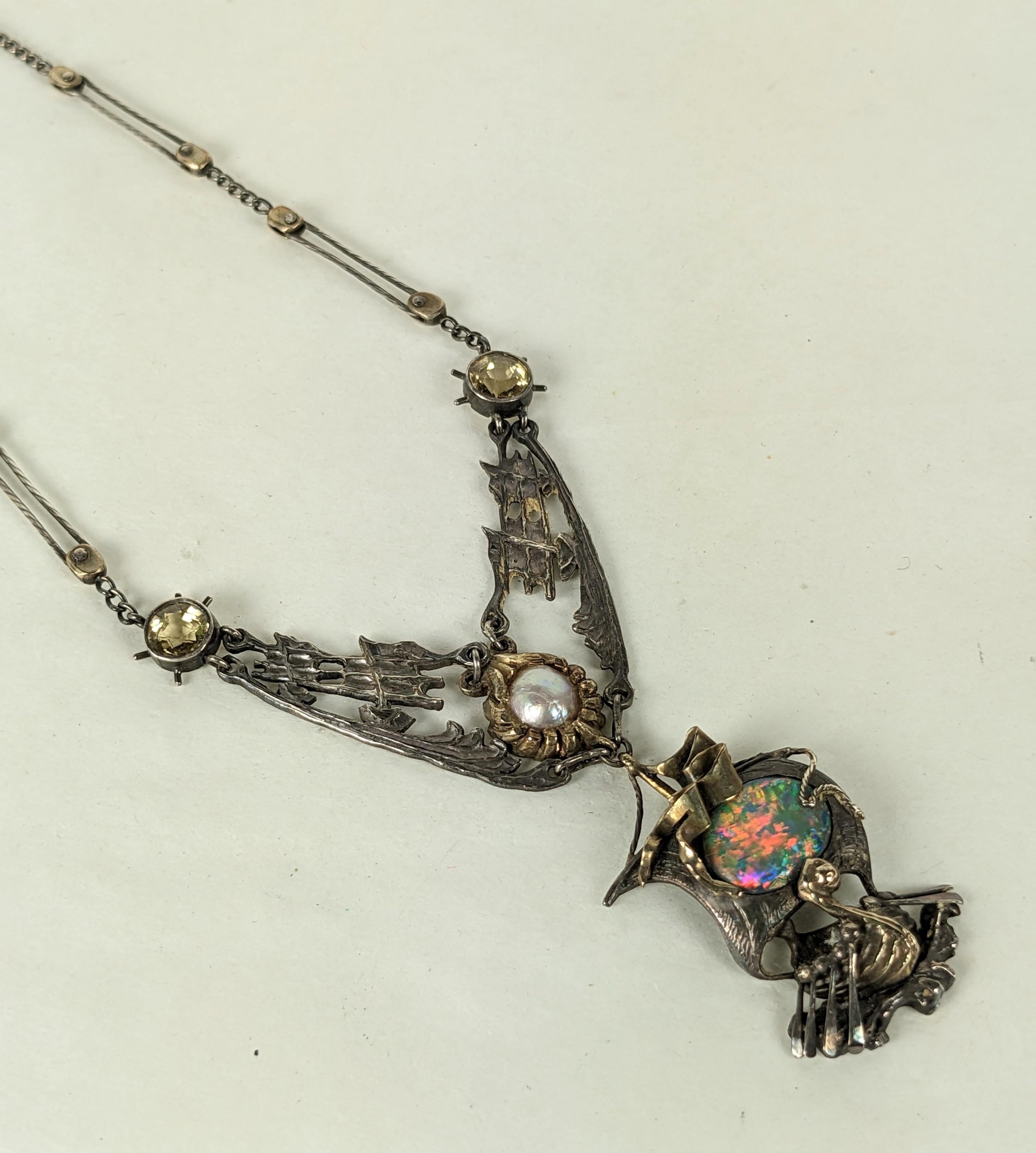 Important Arts and Crafts Black Opal Galleon Necklace For Sale 2