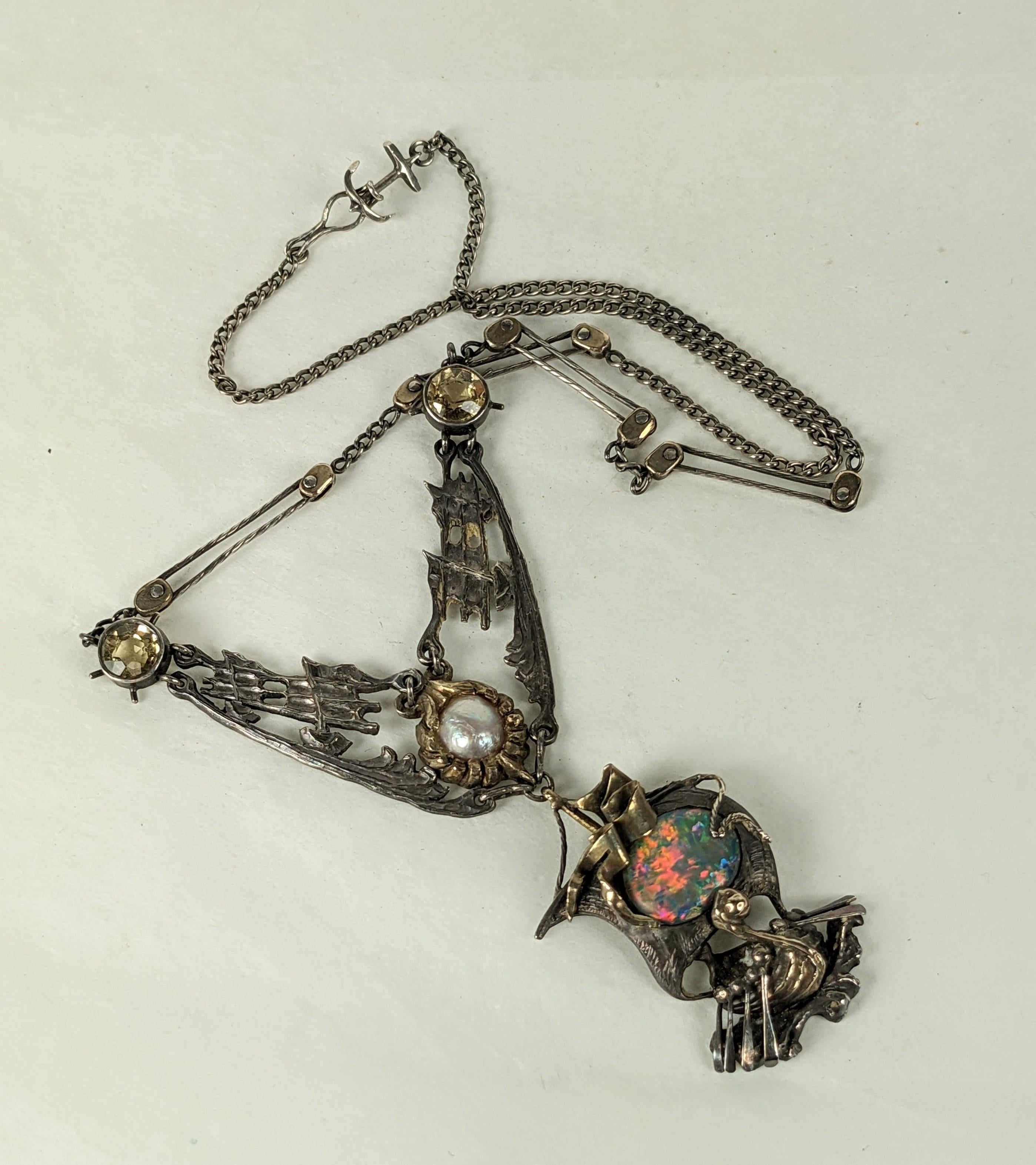 Important Arts and Crafts Black Opal Galleon Necklace For Sale 3