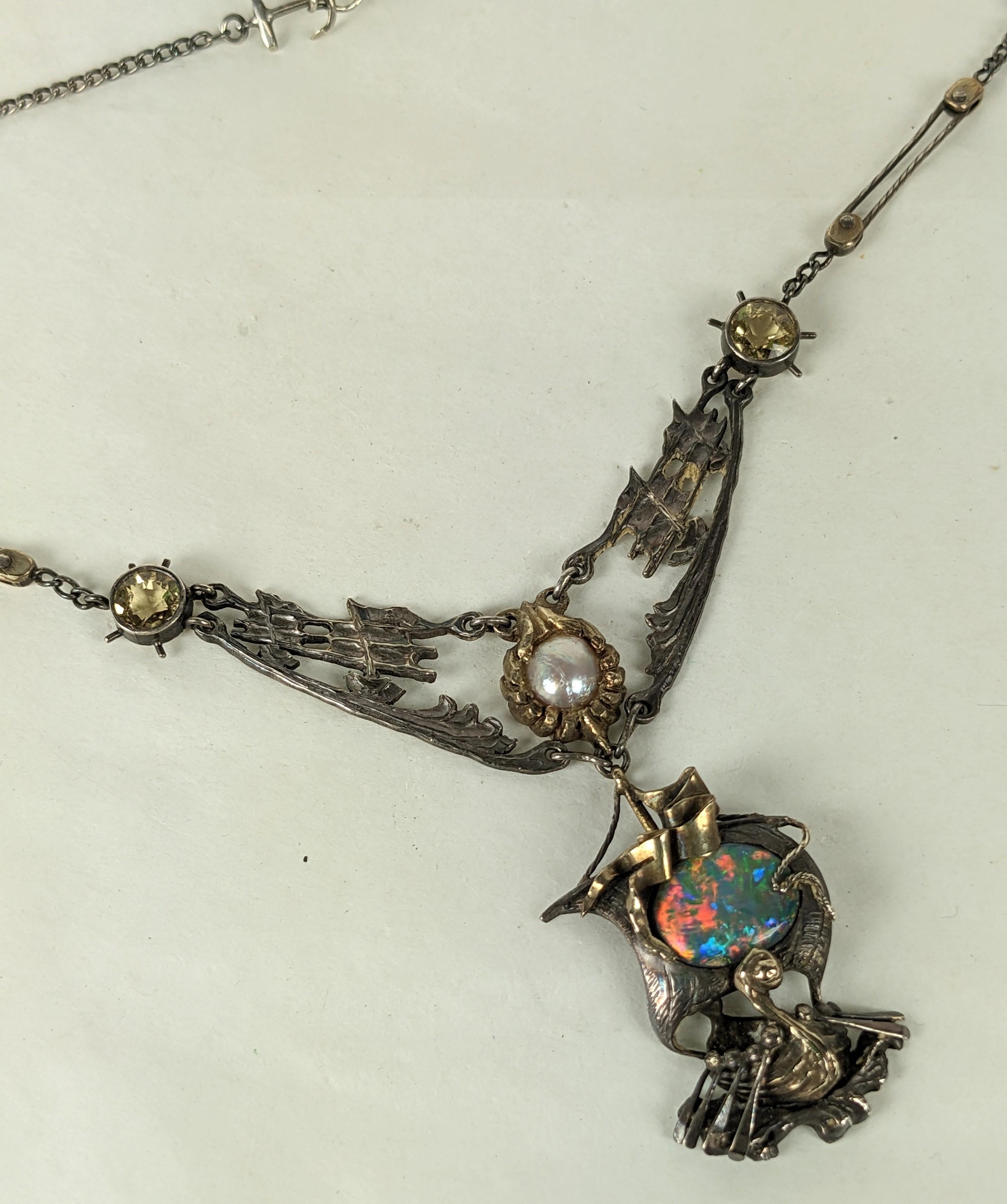 Important Arts and Crafts Black Opal Galleon Necklace For Sale 4