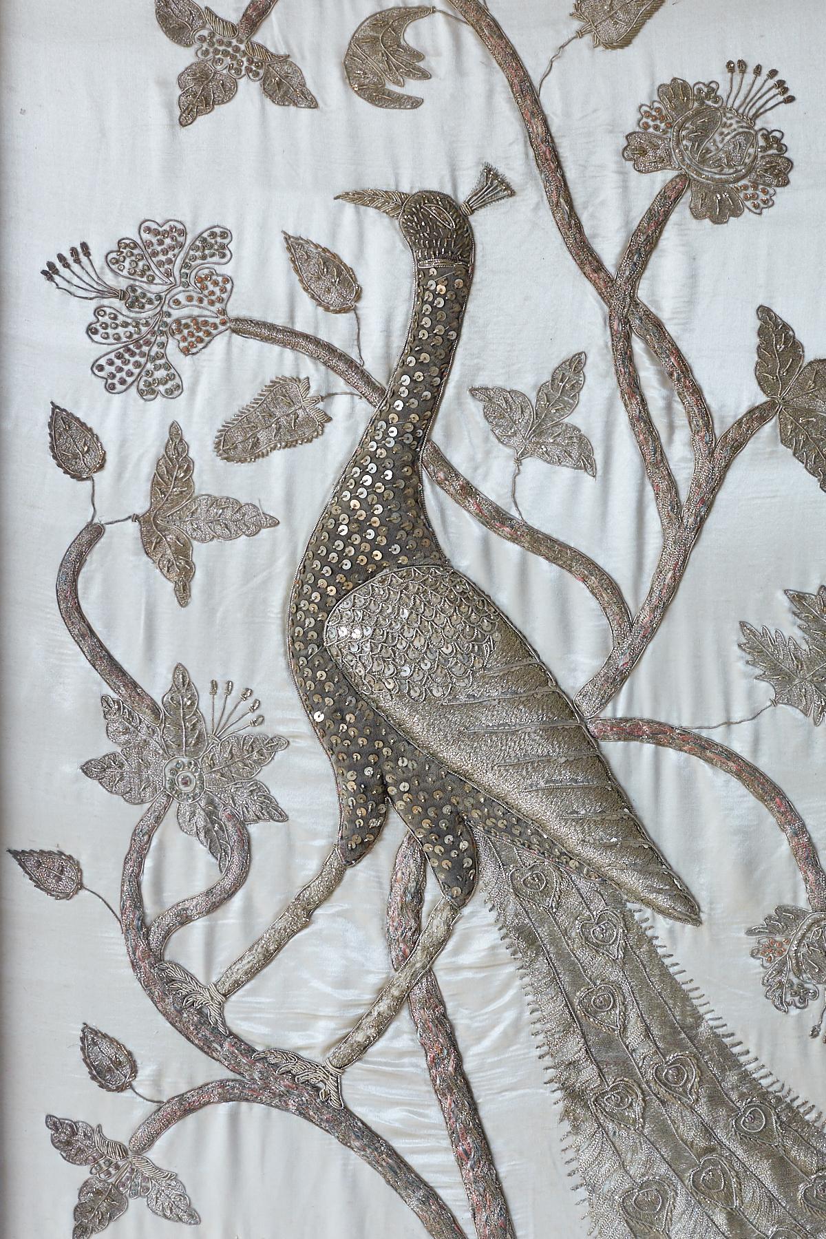 Important Asian Kalaga style silk embroidery of a gold peacock perched in a tree. From the estate of Sir Harry Lauder (Scottish 1870-1950) known as 