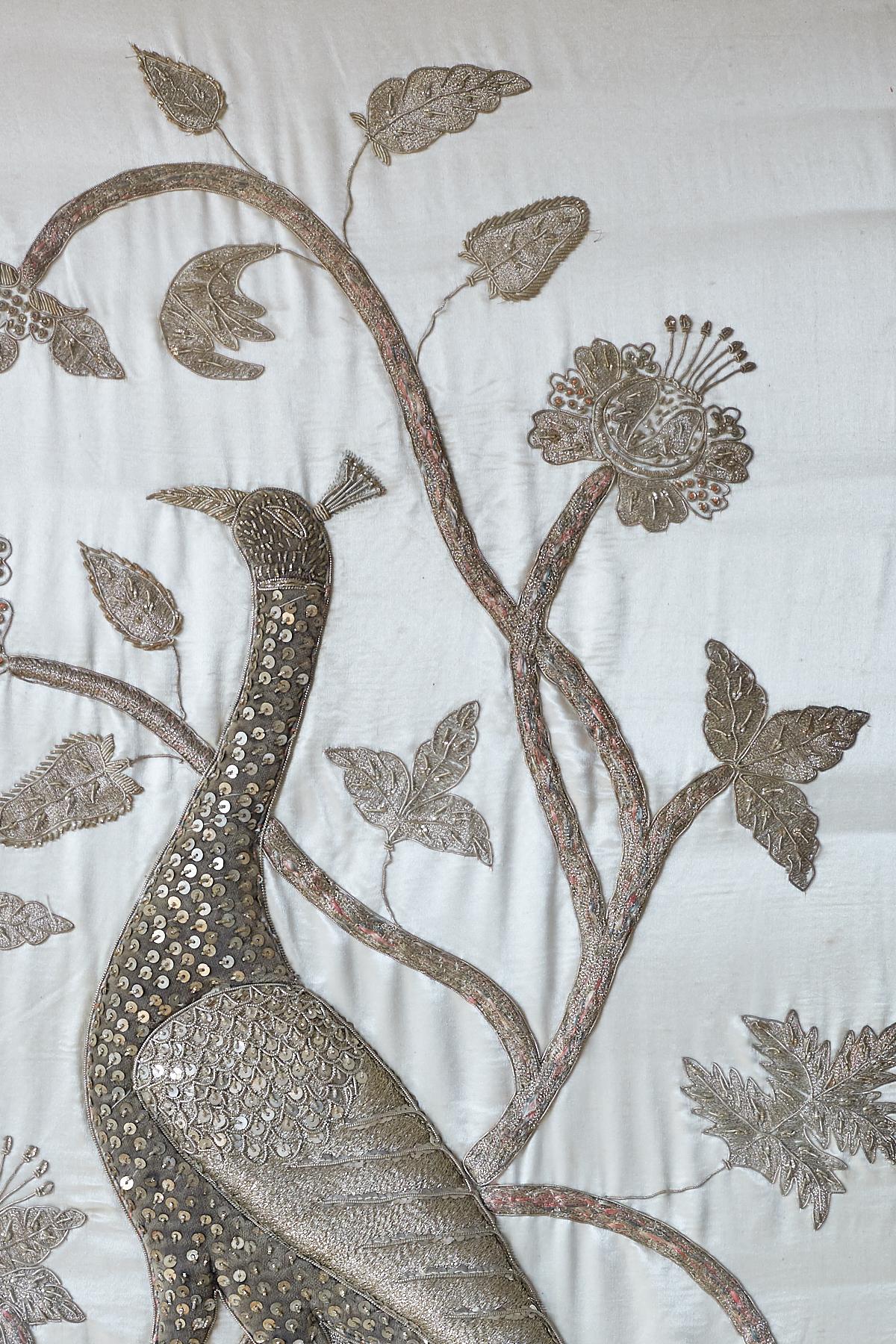 Indian Important Asian Kalaga Style Silk Embroidery of Peacock