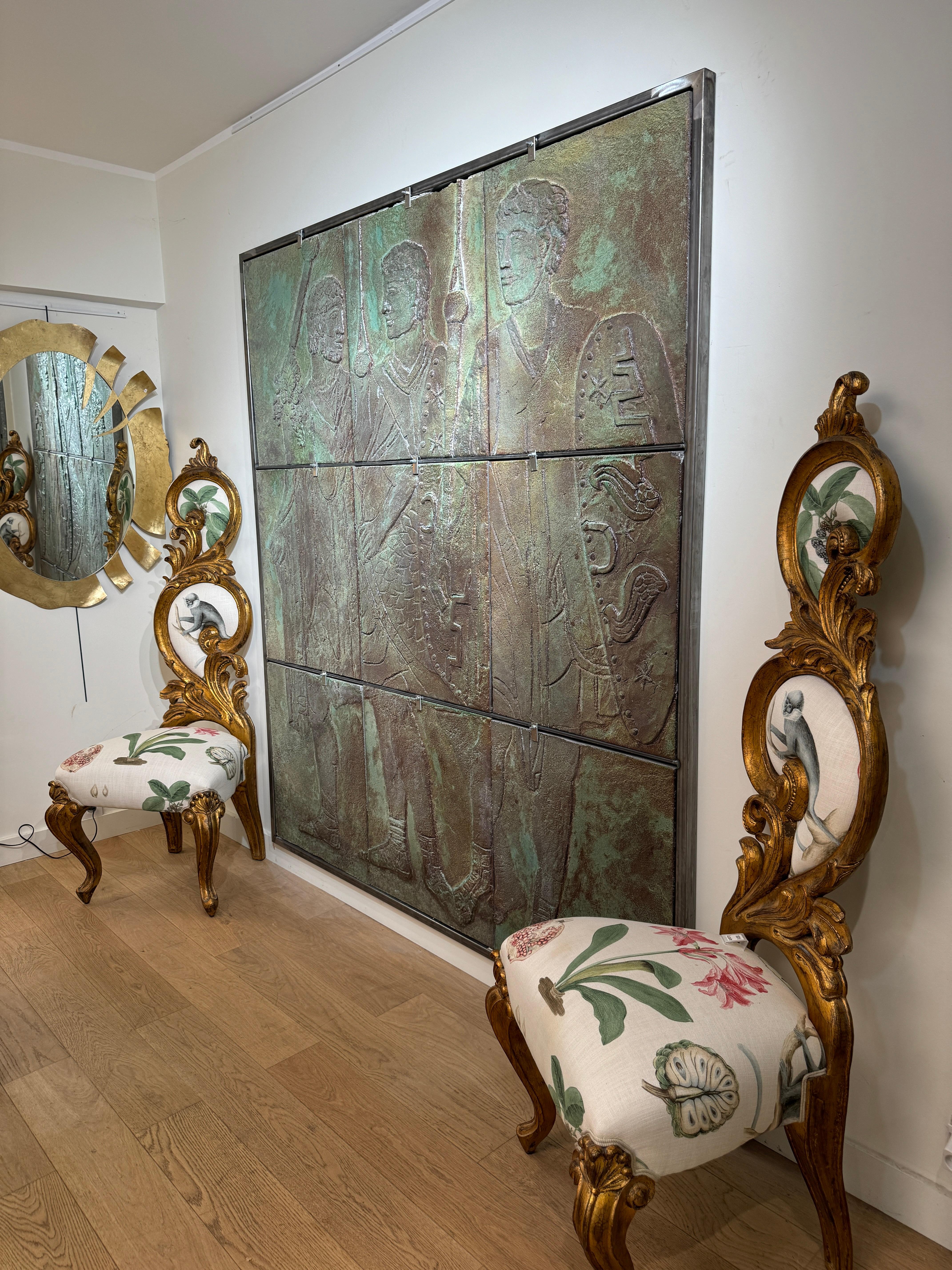 Important Bas relief en Grès émaillé composé de 9 plaques individuelles représentant un décor à l'antique comme une fresque dans le goût de Jean Cocteau année 1950/ 1960. Chaque plaque mesure 66 cm de hauteur par 58 cm de largeur et 3 cm d'épaisseur