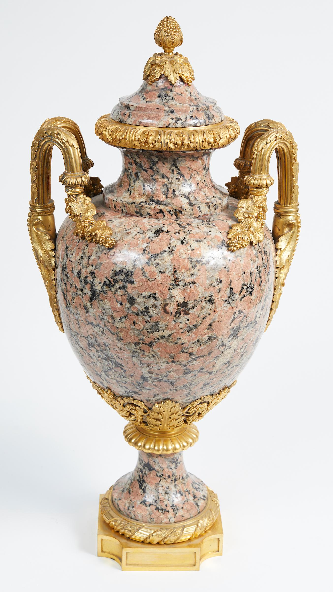 Important Belle Époque period Louis XVI style granite urn fitted with very fine gilt bronze mounts.

 