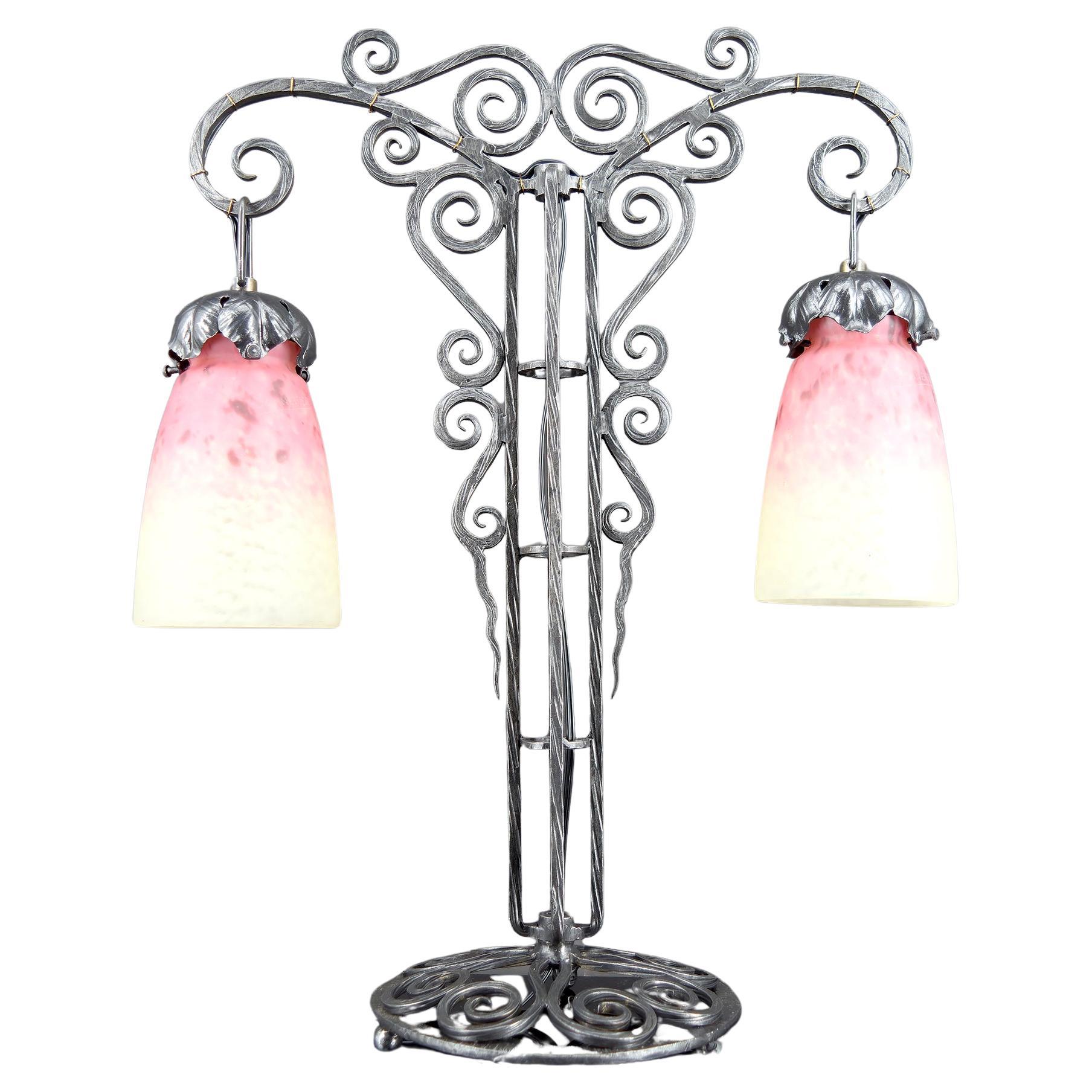 Important Bicéphalous Wrought Iron Lamp by Schneider, France, Art Deco, 1920's