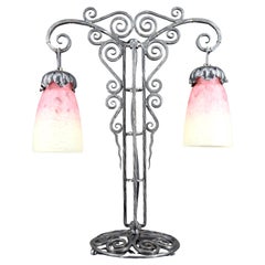 Antique Important Bicéphalous Wrought Iron Lamp by Schneider, France, Art Deco, 1920's