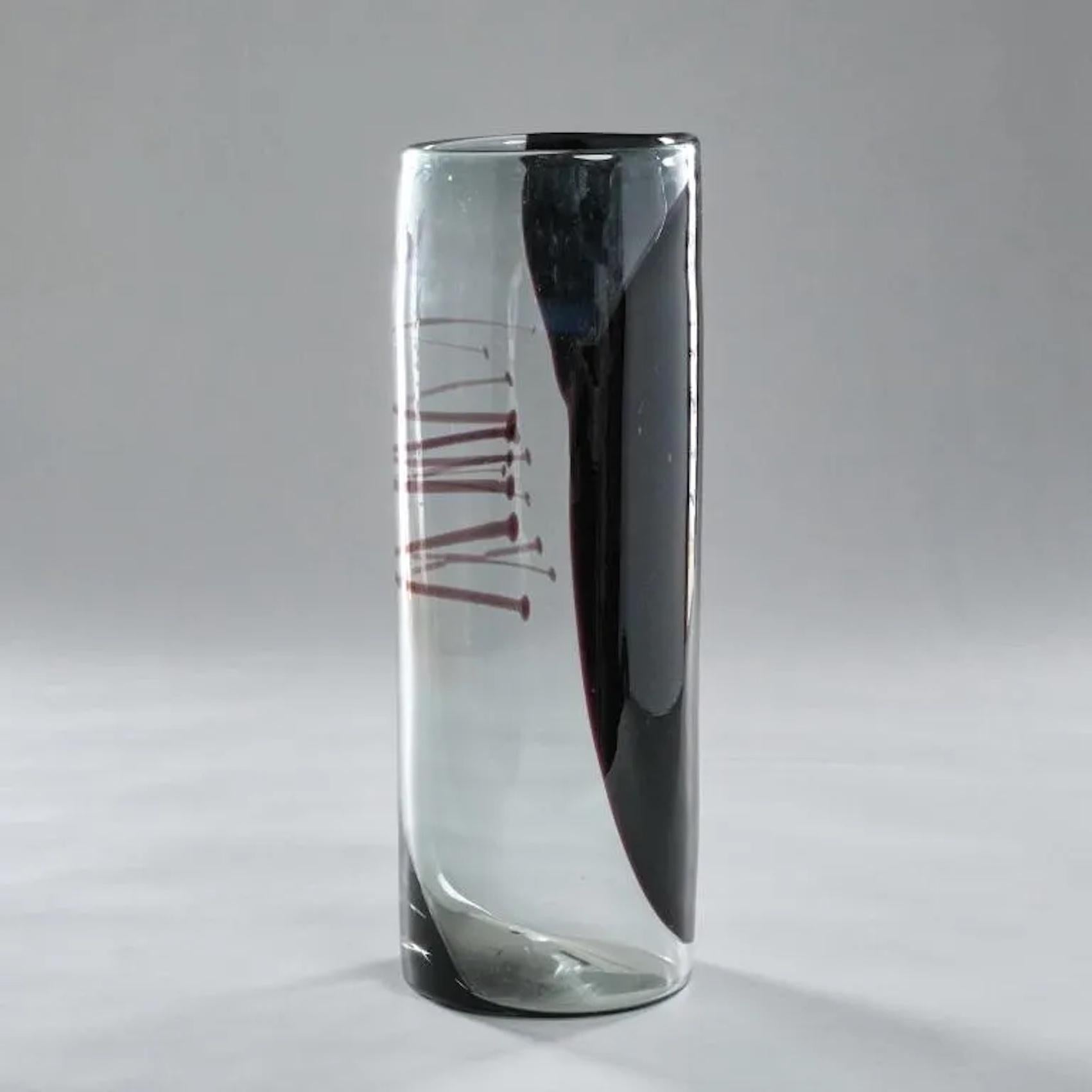 Important black and smoked glass vase by Per Lutken for Holmegaard retaining it's original makers label, the underside etched signature Holmegaard 1732 P61 Denmark circa 1961, Lütken worked for 56 years with Holmegaard Glass Factory, creating over