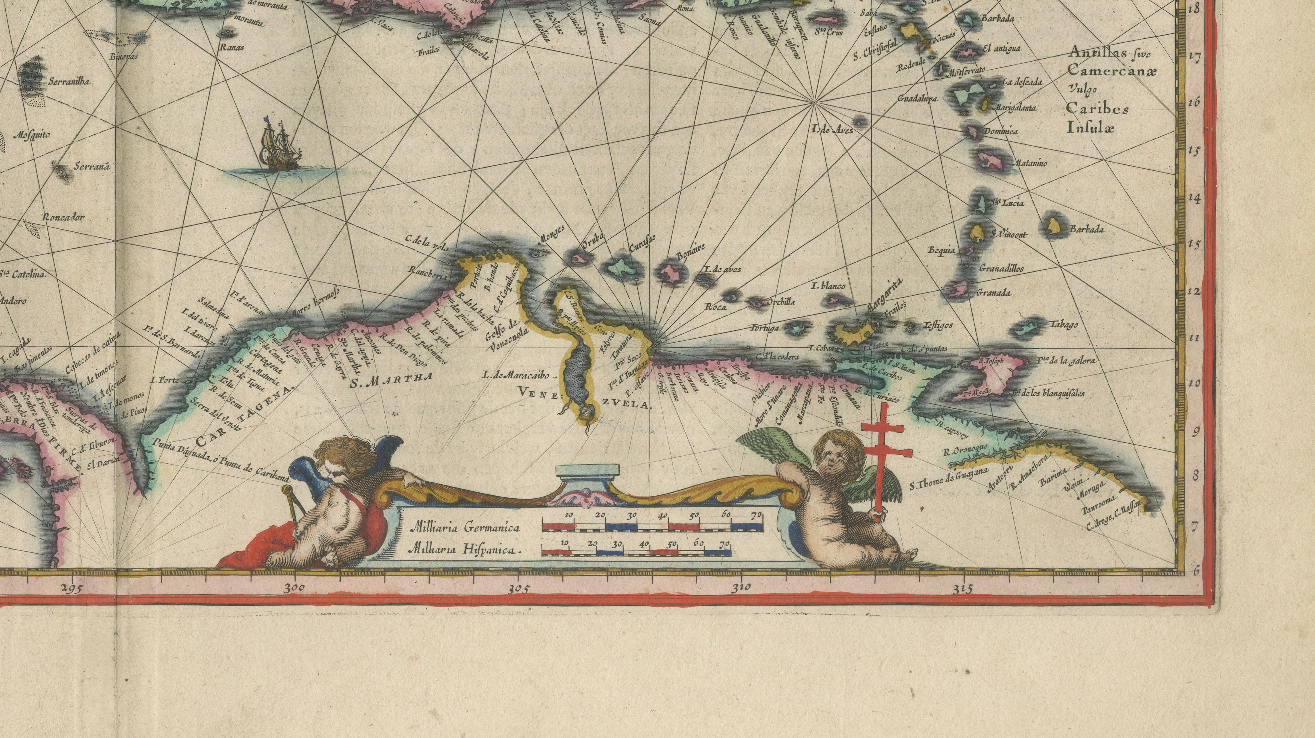 Important Blaeu Caribbean Map, West Indies, Decorative Atlas Chart, c.1642