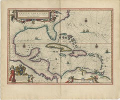 Importante Mapa Blaeu del Caribe, Indias Occidentales, Carta Atlas Decorativa, c.1642