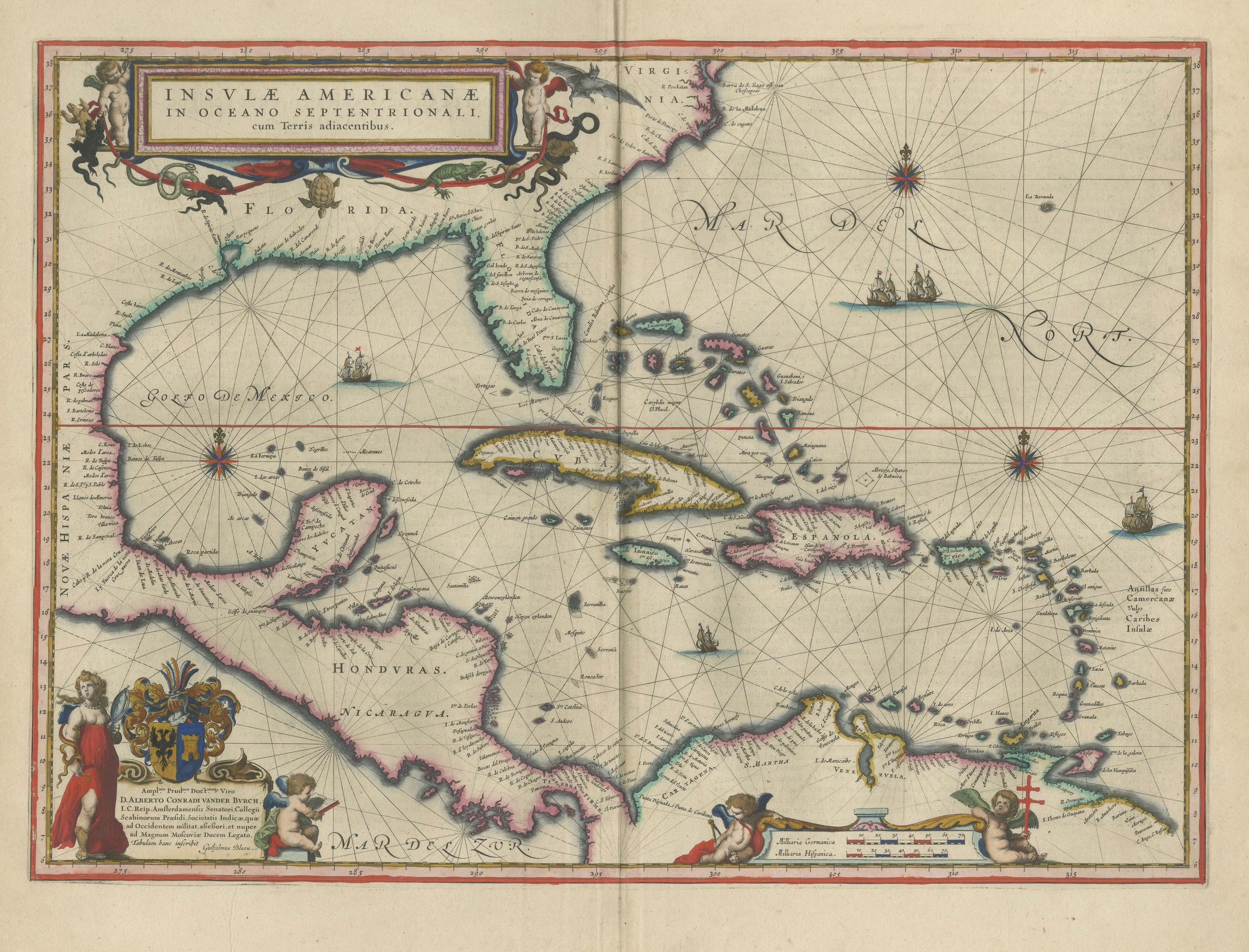 Important Blaeu Caribbean Map, West Indies, Decorative Atlas Chart, c.1642