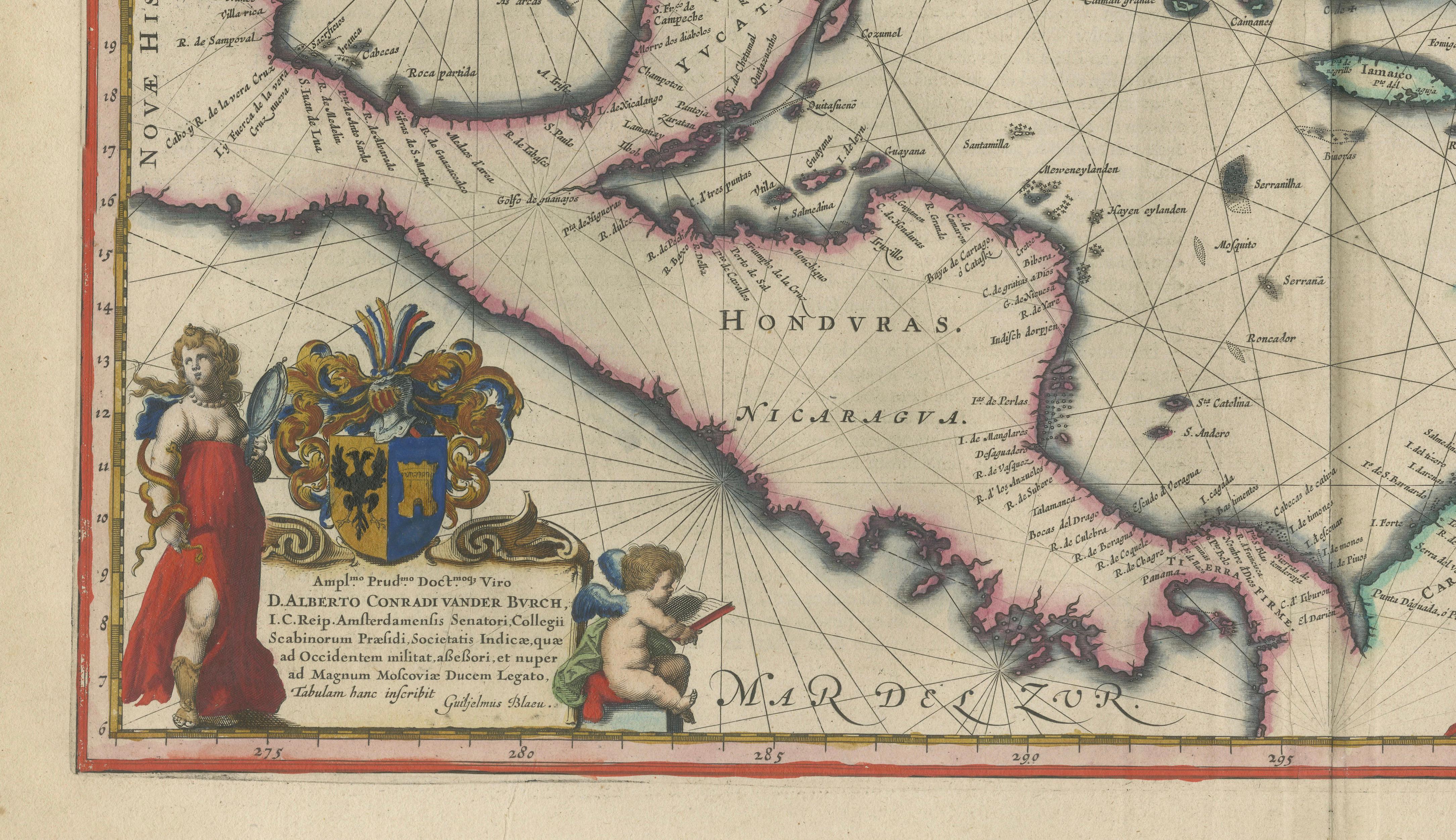 Important Blaeu Caribbean Map, West Indies, Decorative Atlas Chart, c.1642