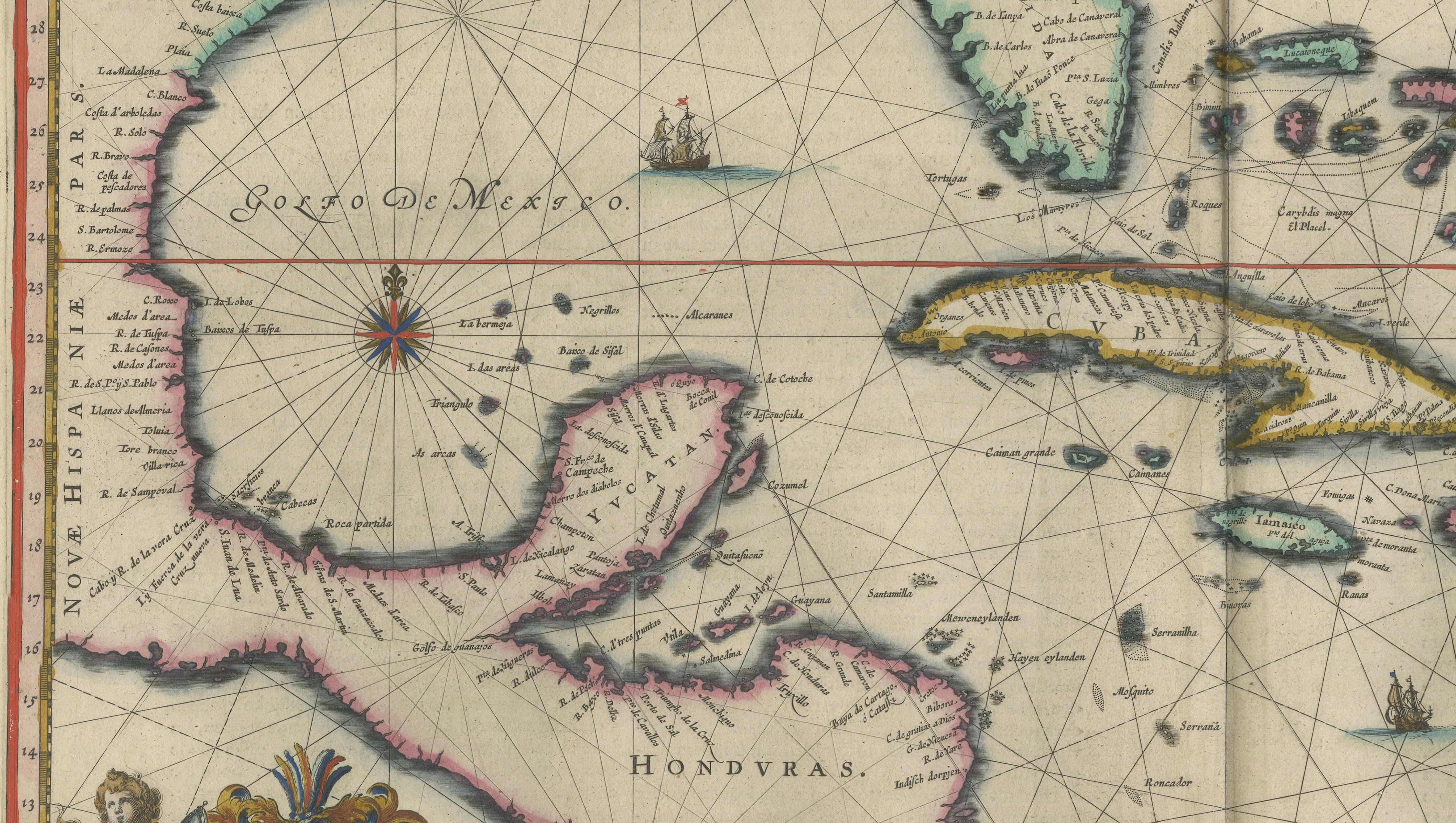 Important Blaeu Caribbean Map, West Indies, Decorative Atlas Chart, c.1642