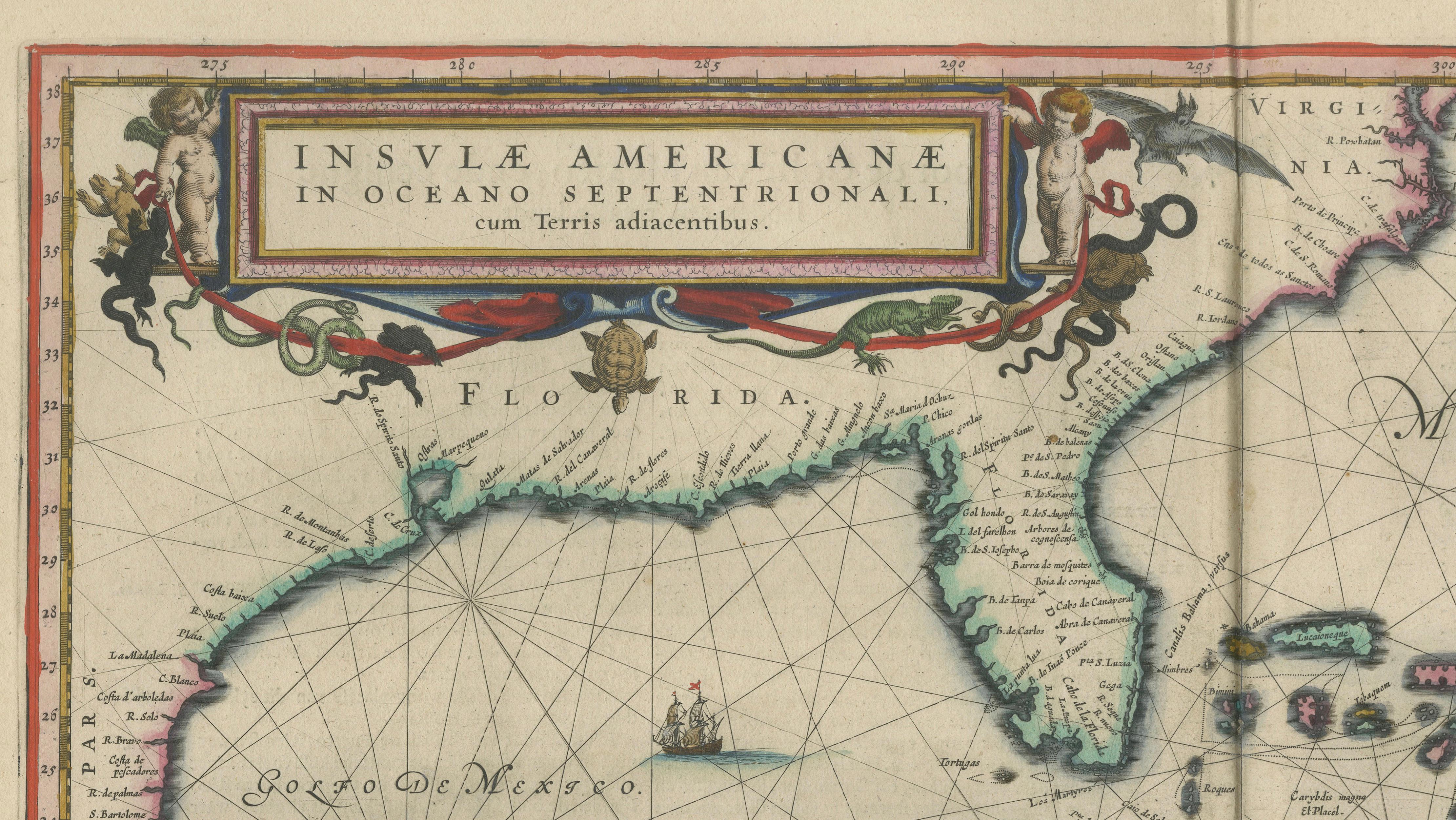 Important Blaeu Caribbean Map, West Indies, Decorative Atlas Chart, c.1642