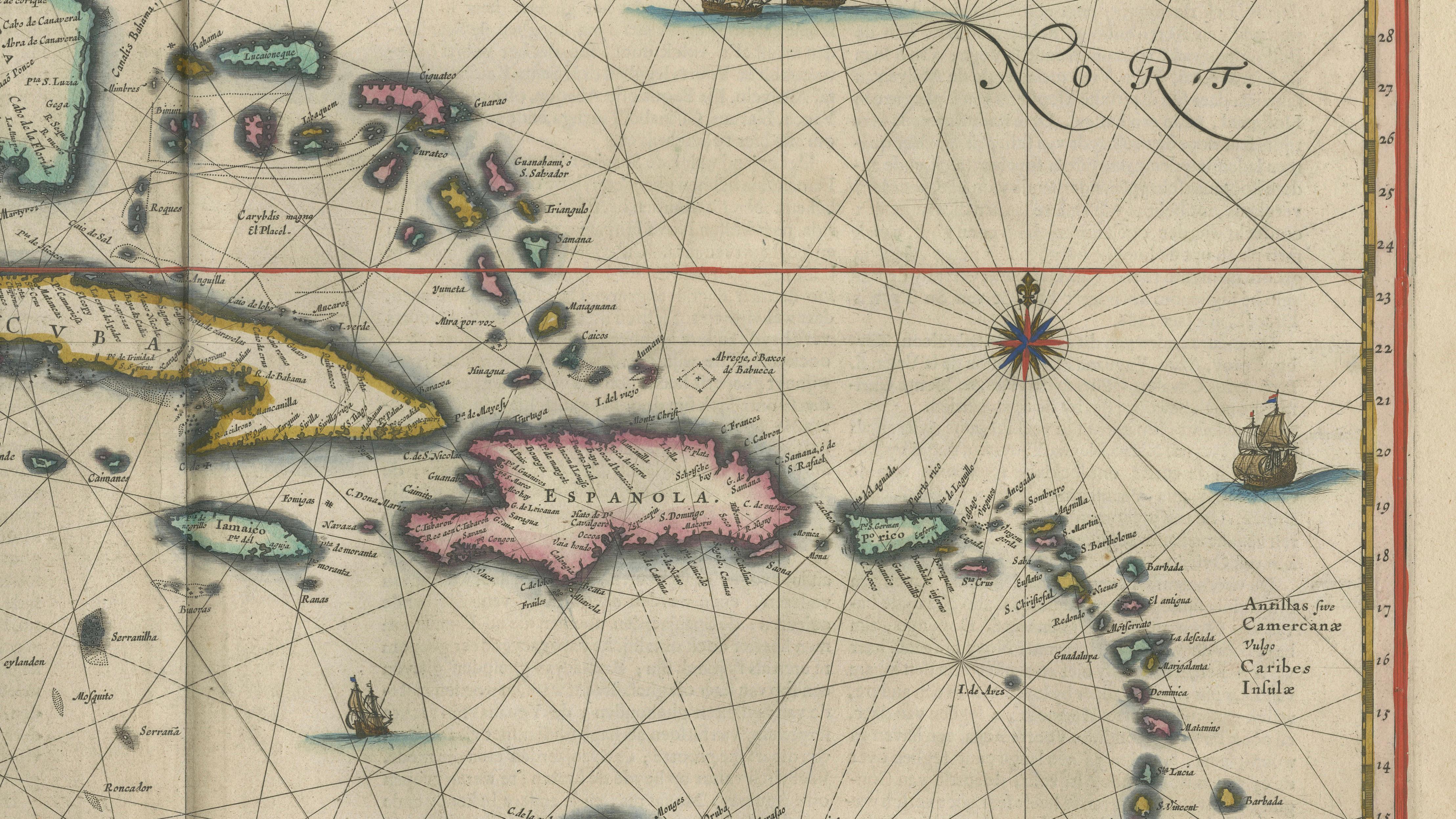 Important Blaeu Caribbean Map, West Indies, Decorative Atlas Chart, c.1642