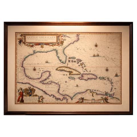 Important Blaeu Caribbean Map, West Indies, Decorative Atlas Chart, c.1642
