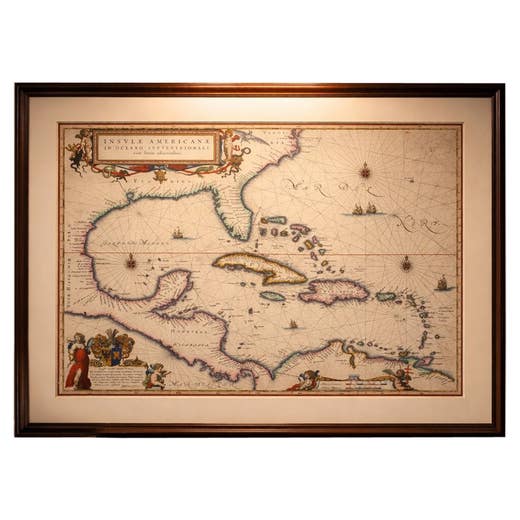 Important Blaeu Caribbean Map, West Indies, Decorative Atlas Chart, c.1642