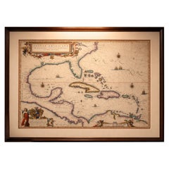Importante Mapa Blaeu del Caribe, Indias Occidentales, Carta Atlas Decorativa, c.1642